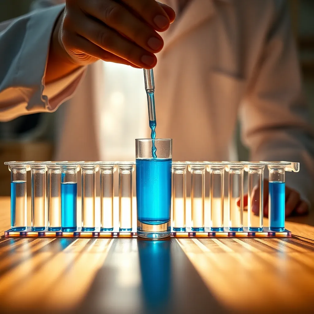 This vibrant close-up captures a scientist's hands meticulously pipetting a bright blue liquid into test tubes placed on a smooth wooden table. Sunlight filters through a nearby window, casting warm light that accentuates the glassware's clarity. The softly blurred background creates an inviting atmosphere, drawing attention to the precise movements and vibrant colors of the liquid. The warm Kodak Portra-inspired tones add a touch of warmth to the image, highlighting the connection between science and artistry.