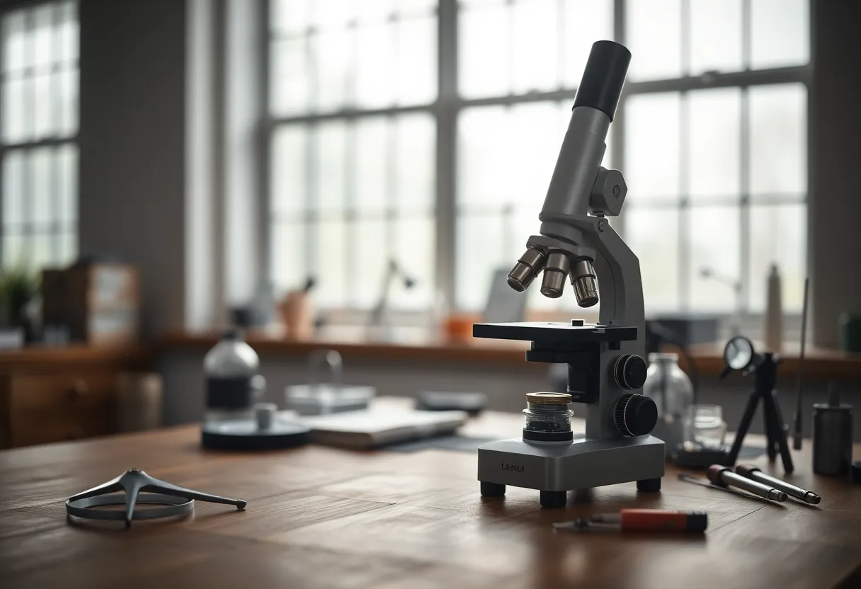 Microscope on Laboratory Table with Natural Light