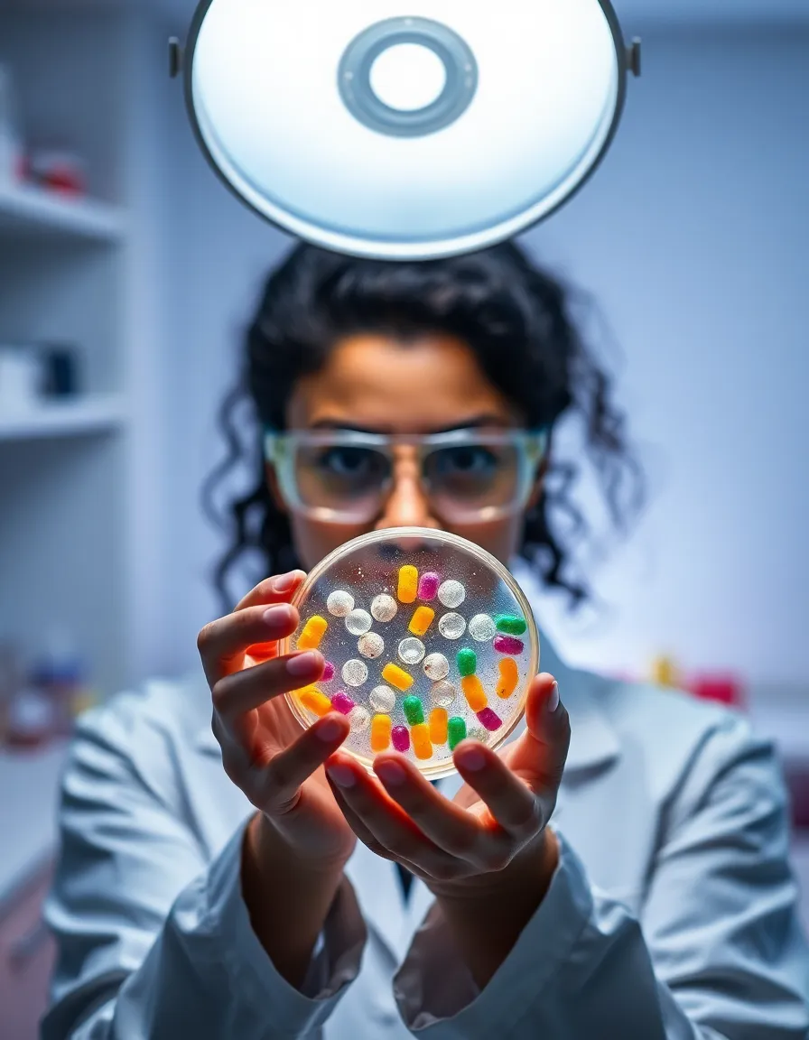 Researcher Holding Petri Dish in Laboratory This image features a focused researcher carefully handling a petri dish filled with cultured samples. Lit by soft overhead lighting, the rich colors of the samples contrast beautifully against sterile white surfaces, creating a vibrant yet clinical feel. The shallow depth of field emphasizes the delicate nature of the work being conducted, inviting the viewer to appreciate the intricacies of scientific research. Centered composition leads the eye directly to the researcher’s intent expression.