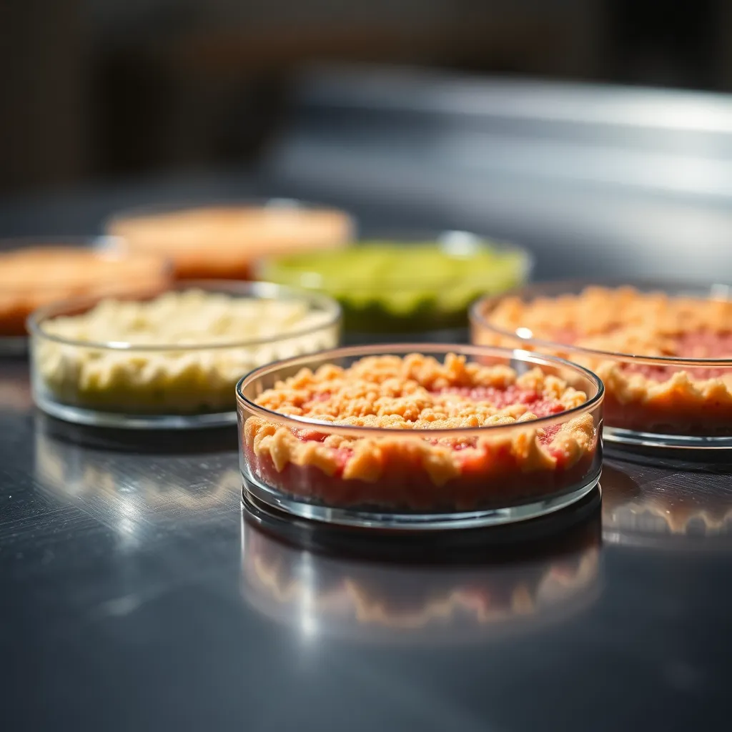 A stunning close-up of petri dishes displaying various cultures on a polished stainless steel surface. The macro shot captures the vibrant colors against a backdrop softened by a carefully controlled studio lighting setup. The textures of the dishes and the intricate growth patterns are rendered with remarkable clarity, creating a captivating visual. The natural color palette enhances the organic feel of the specimen, making it an ideal representation of scientific discovery.