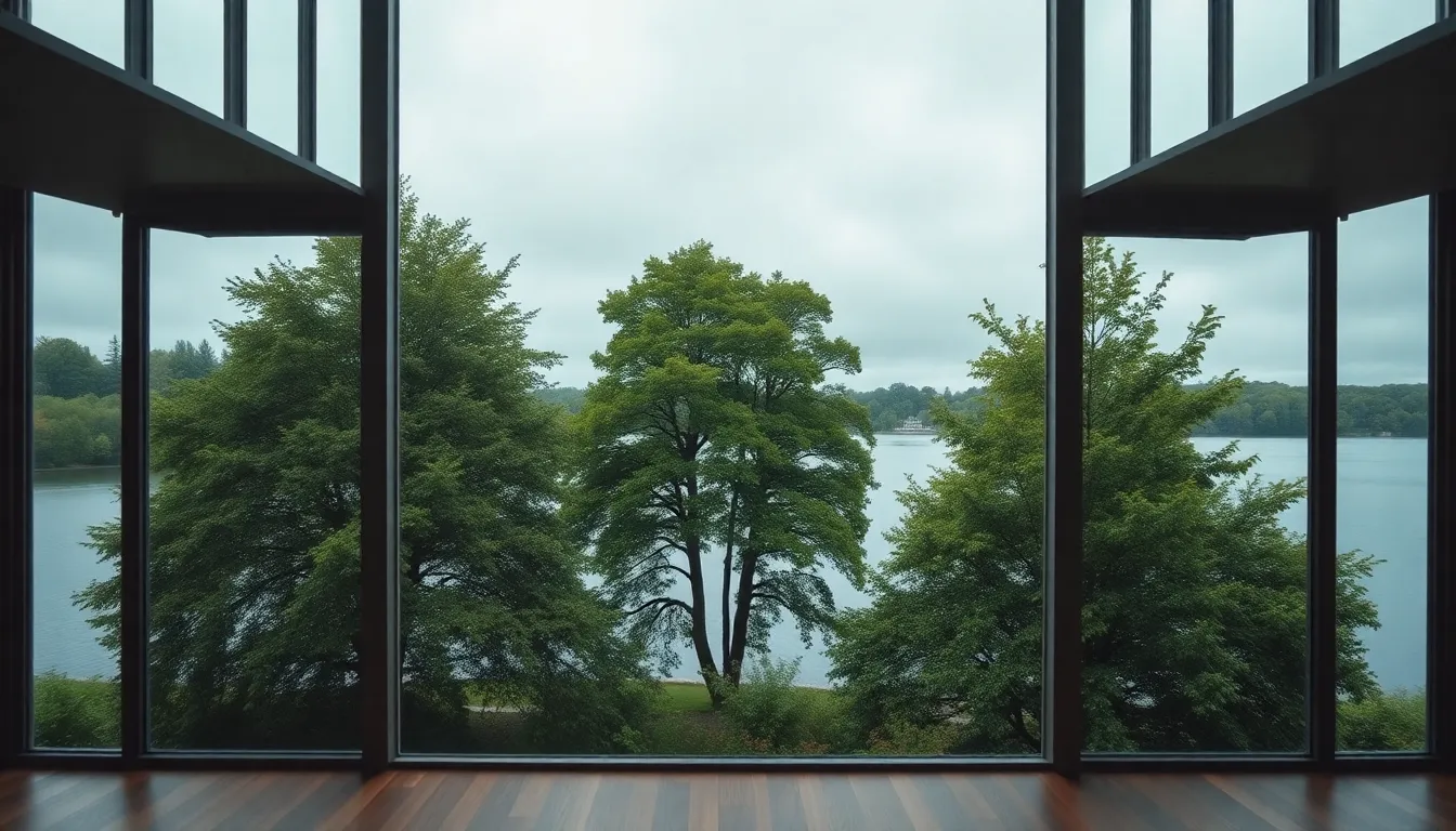 This captivating image depicts a vast lake under a blanket of overcast skies, creating an ethereal, mysterious atmosphere. The saturated colors highlight the deep blues of the water and the rich greens of the surrounding landscape. The sharp focus throughout the scene showcases the fine details, while leading lines guide the viewer's gaze towards the tranquil horizon where the lake meets the sky.