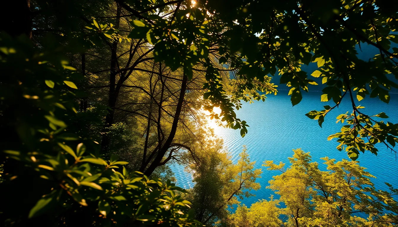 This vibrant image features a stunning lake surrounded by lush forest during the golden hour. Dappled sunlight filters through the trees, casting beautiful patterns on the water's surface. The rich greens of the foliage contrast beautifully with the deep blue hues of the lake, creating a vivid and inviting scene. The composition thoughtfully places the lake in a balanced position, enhancing the natural beauty around it.