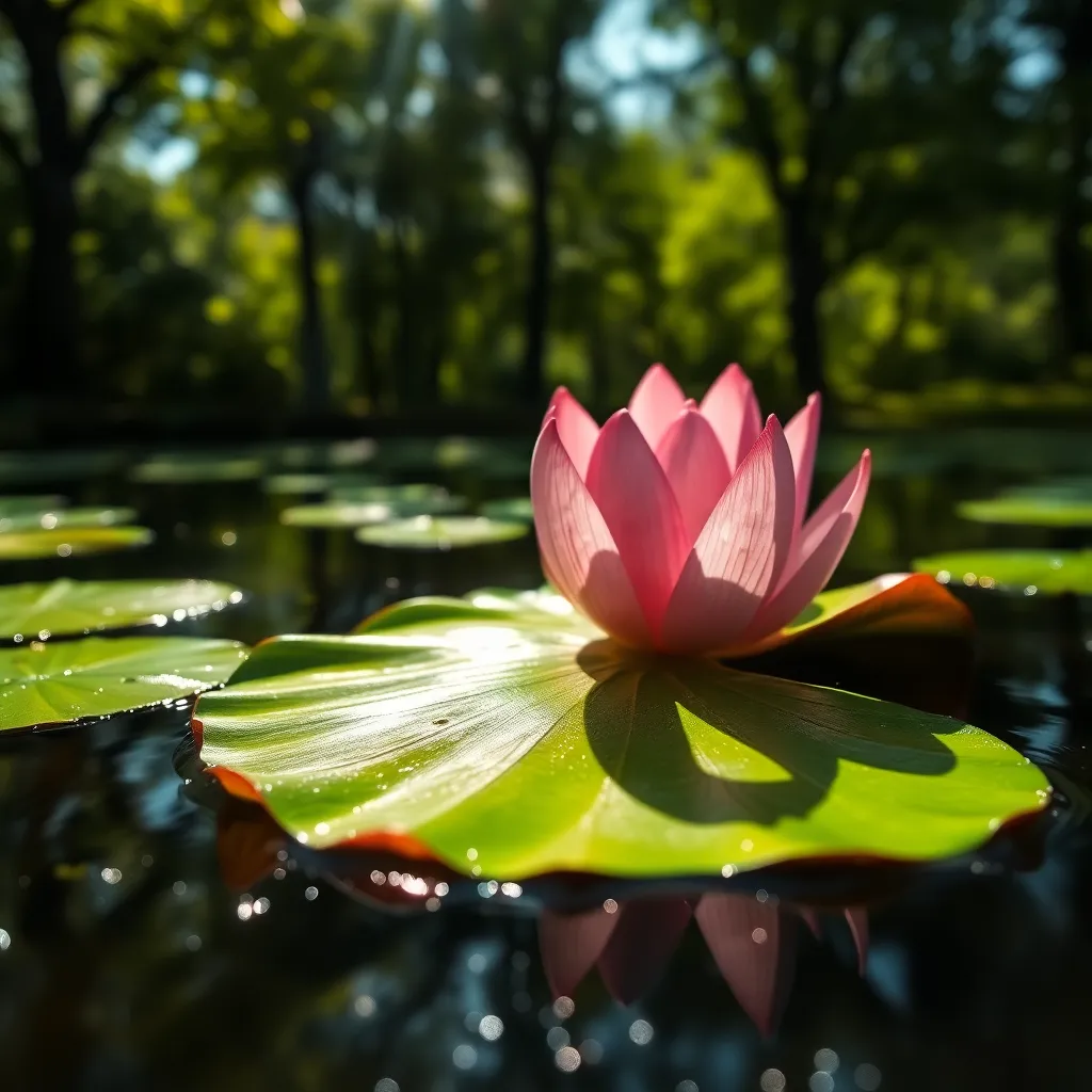 This exquisite close-up image features a vibrant lily pad gracefully floating on a calm lake, illuminated by dappled sunlight. The intricate textures of the lily pad are clearly visible, showcasing its delicate veins and saturated colors. The background softly fades away into a dreamy bokeh, emphasizing the beauty of the lily pad. Perfect for nature and macro photography enthusiasts, this photograph captures the serene essence of lakes.