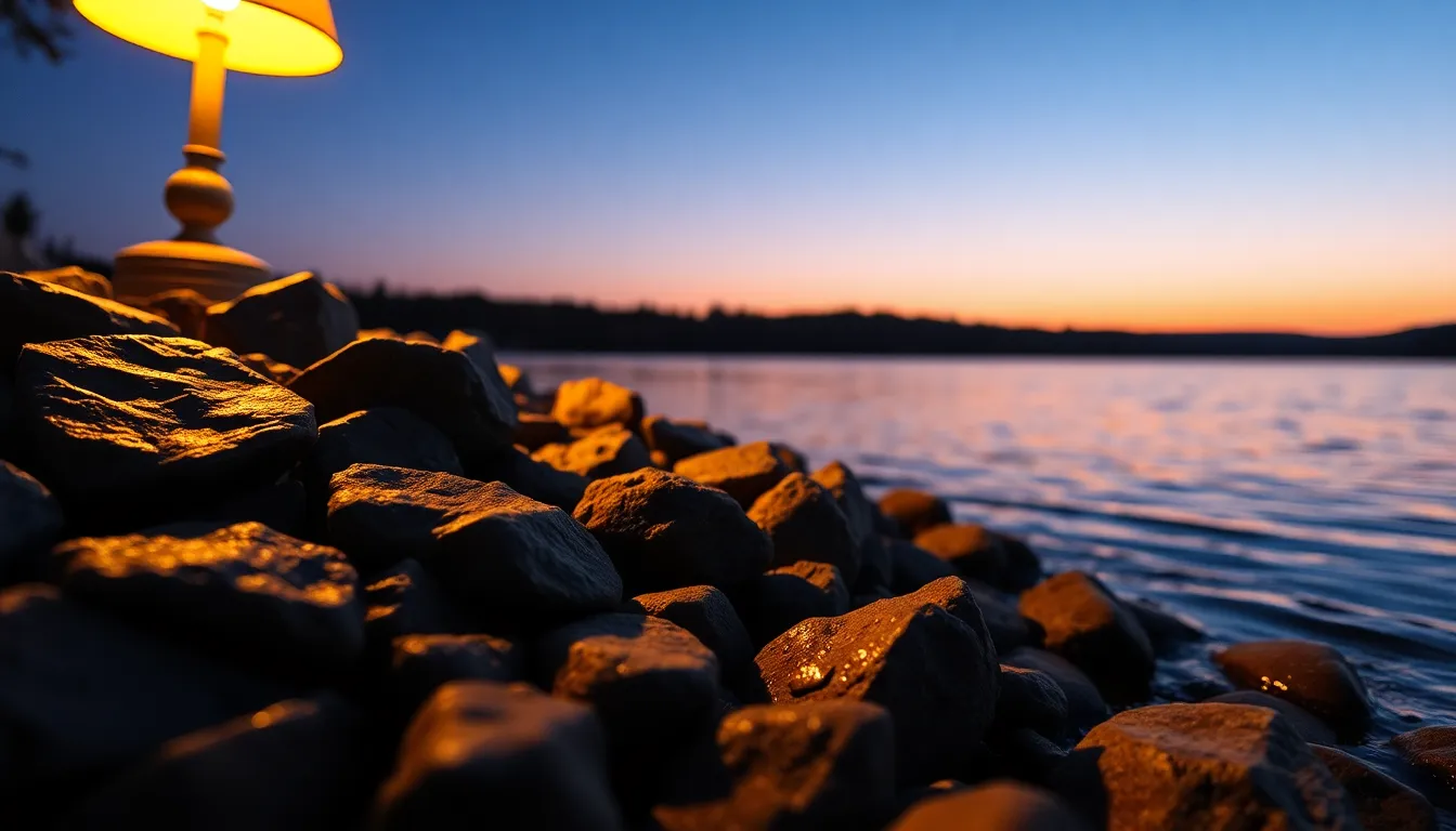 This stunning image captures the twilight atmosphere of a rocky lake shore, where a warm tungsten glow highlights the textured wet stones. The lake mirrors the gentle hues of the twilight sky, creating a peaceful and reflective mood. With selective focus on the foreground rocks, details of the surface are crisply defined while soft ripples in the background suggest movement. The composition uniquely frames the scene for dramatic effect.