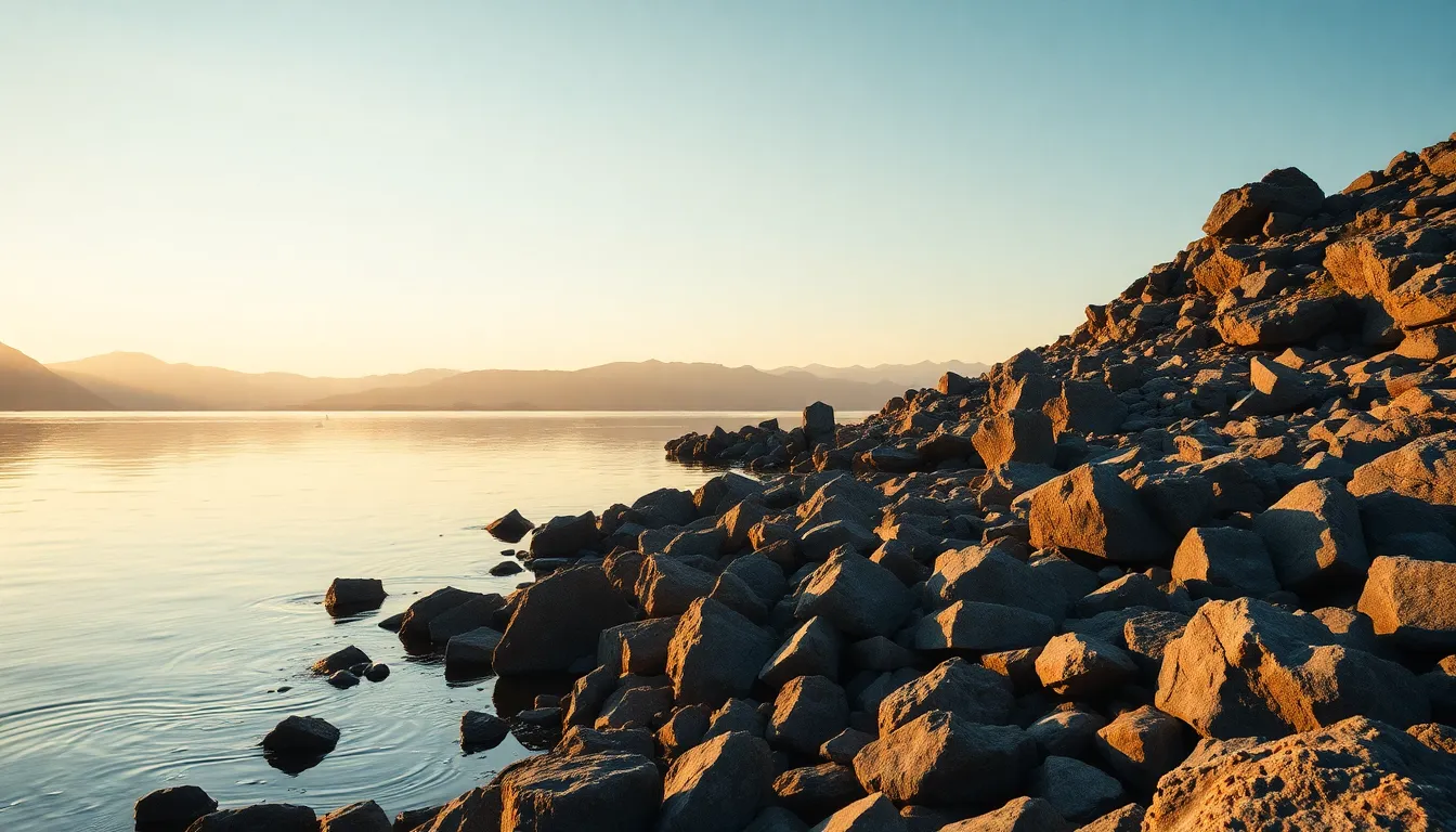This captivating image showcases a rugged lakeshore bathed in the warm light of golden hour. The backlighting illuminates the intricacies of the shoreline, highlighting the textures of the rocks and surrounding landscape. A hyperfocal distance captures sharp detail across the scene, from the foreground to the distant mountains. The natural muted tones and centered composition create a harmonious and tranquil atmosphere, inviting serenity.
