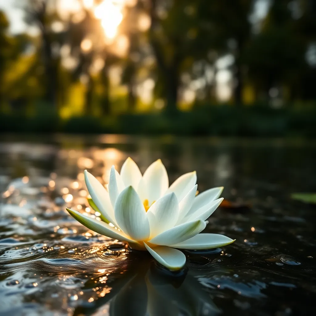 This exquisite macro photograph features a single white lily blooming gracefully on the still surface of a lake. Captured during the golden hour, dappled sunlight enhances the intricate details of the flower and its surroundings. The selective focus emphasizes the lily while allowing the soft water texture to melt into a serene background. This image beautifully conveys the tranquility and delicate beauty of nature in a moment of stillness.