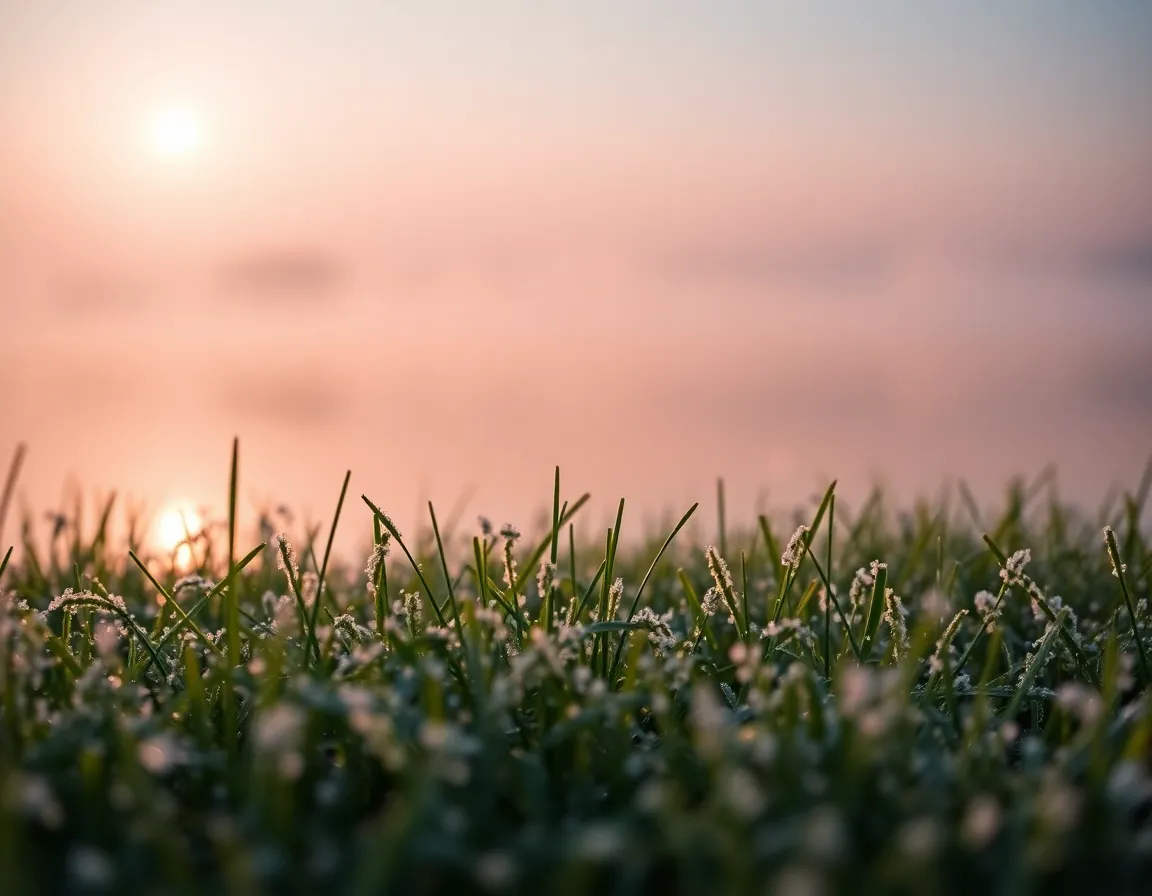 A stunning early morning scene at a tranquil lake, enveloped in soft morning mist and kissed by the first light of dawn. Pastel colors of pink and blue reflect off the water, enhancing the serene ambiance. The image draws attention to the dew-covered grass in the foreground, adding a touch of detail and depth. This serene landscape is perfect for those looking to capture the quiet beauty of nature in the early hours.