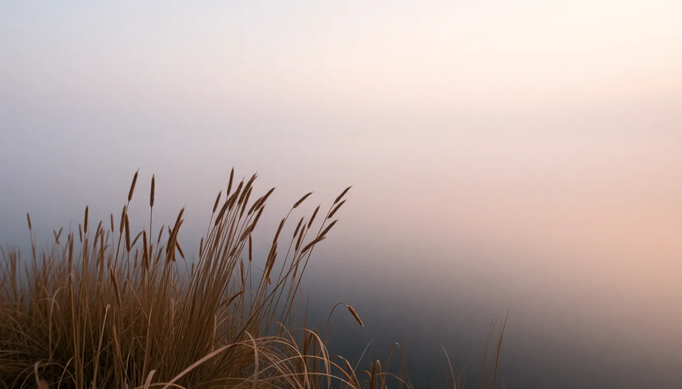 This ethereal image captures a serene lake at dawn, shrouded in mist that enhances the tranquil atmosphere. The early morning light creates soft, muted tones across the scene, while a diagonal line of reeds in the foreground leads the eye toward the mist-covered water. The hyperfocal distance ensures sharp detail throughout the image, making every element of the composition stand out vividly against the gentle backdrop of nature.