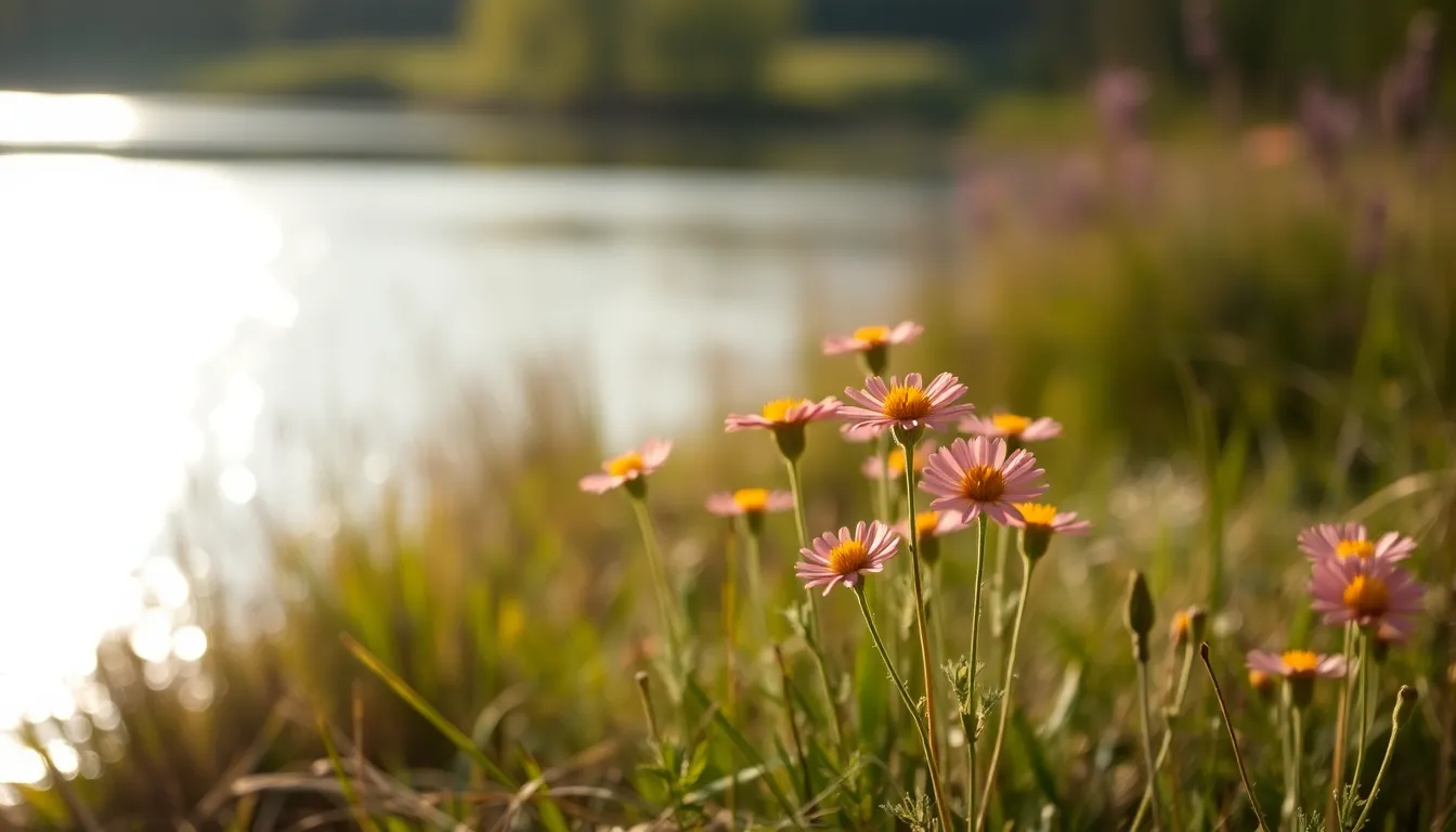 Wildflowers by the Shimmering Lake Bright wildflowers bloom near the shimmering edge of a lake, illuminated by soft, diffused sunlight. The selective focus captures intricate details of the flowers while the serene water sparkles in the background through a miniature effect. This image reflects the beauty of nature, emphasizing the delicate balance between vibrant flora and tranquil waters.
