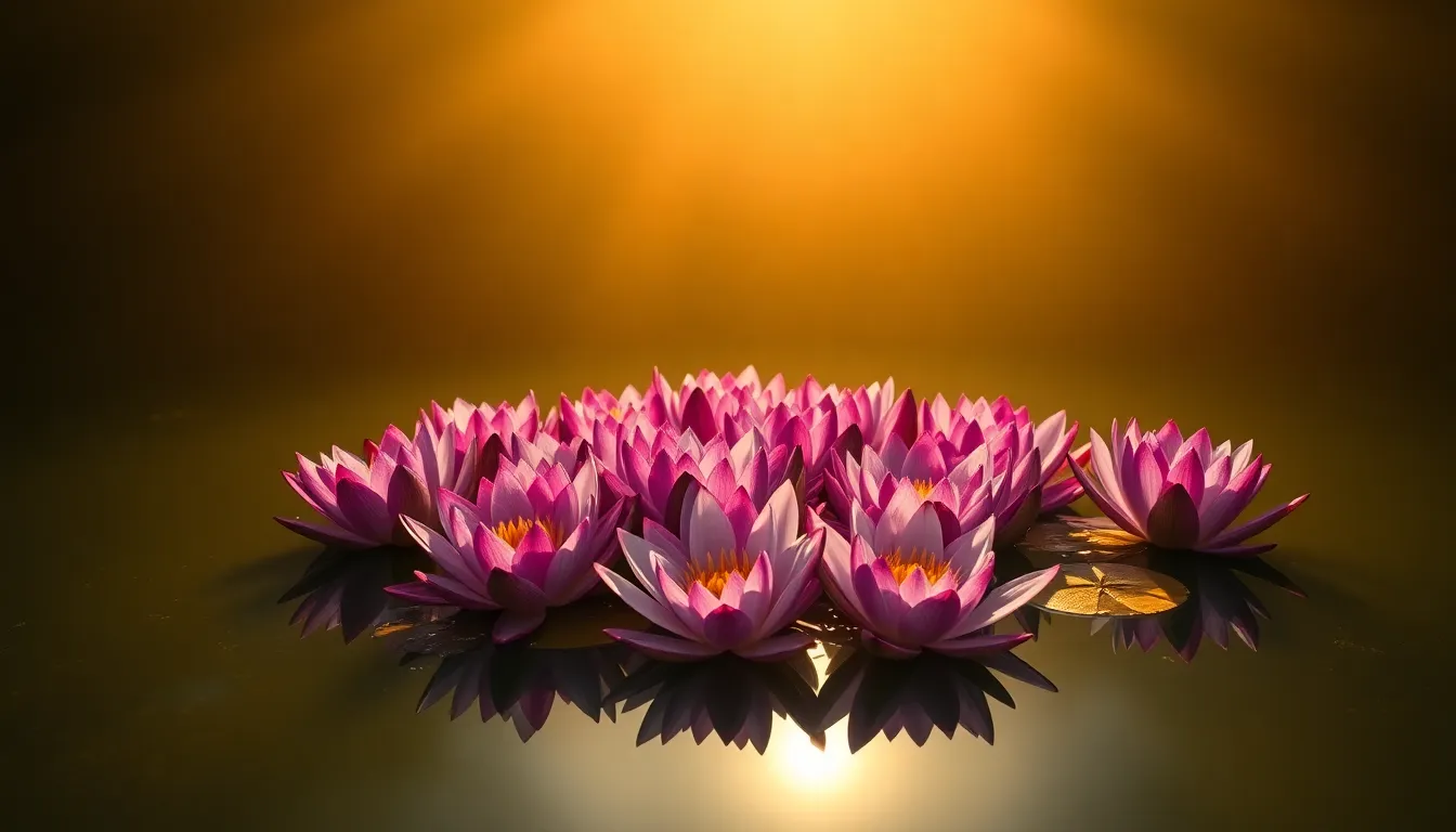 This stunning macro shot captures a serene cluster of water lilies gracefully floating on a calm lake. The warm lighting highlights the velvety textures of the petals, creating a luxurious feel. The composition is centered and symmetrical, emphasizing the beauty and tranquility of the scene. Soft ripples across the water's surface add a gentle dynamic to this peaceful natural setting.
