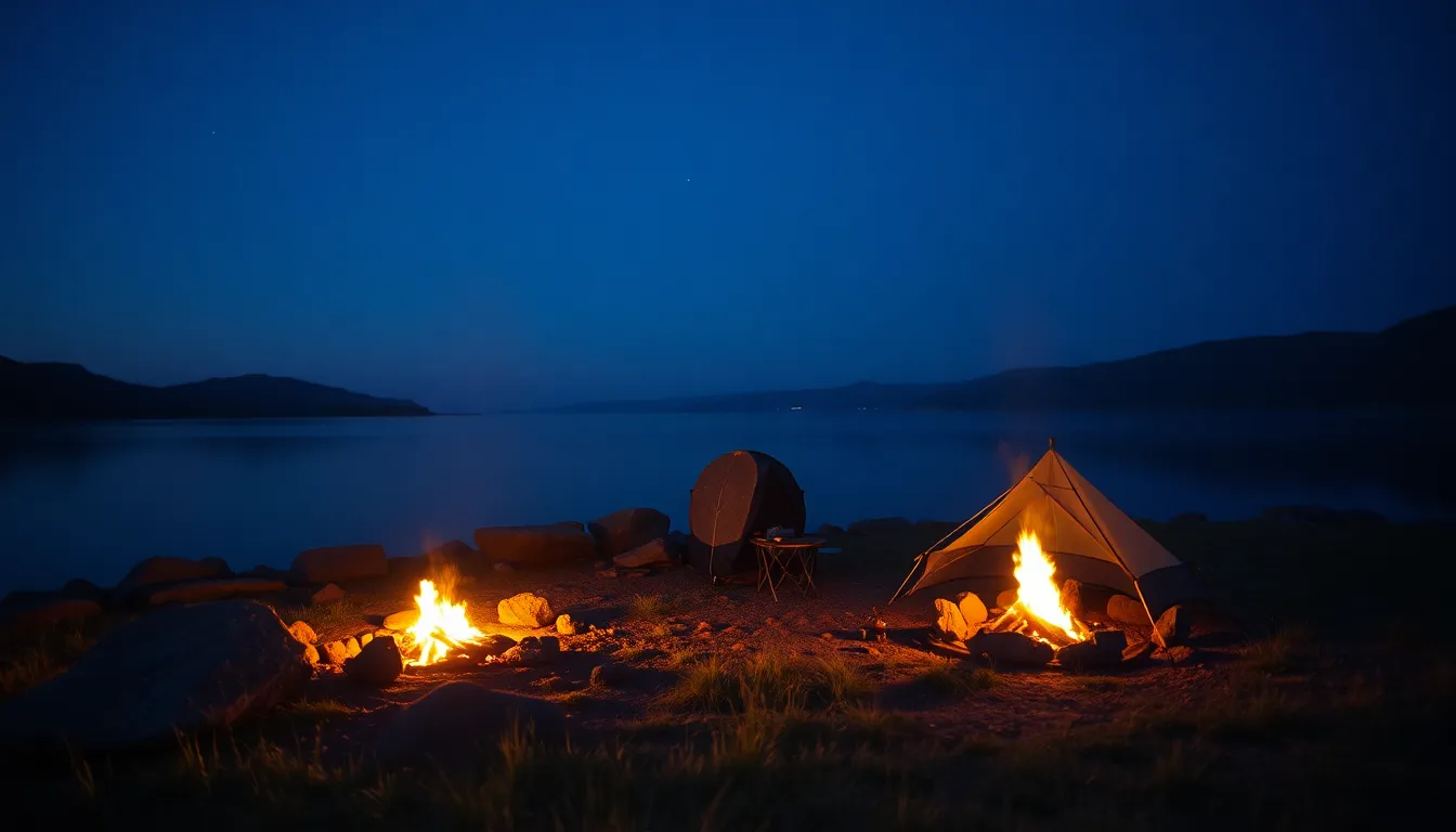 This captivating image showcases a cozy campsite by the edge of a peaceful lake at dusk, with the warm firelight illuminating nearby rocks and casting gentle shadows. The tranquil water reflects the deep blue hues of the evening sky, creating a stunning contrast with the warm glow of the campsite. The composition follows the rule of thirds, enhancing visual interest and drawing the viewer into the scene. Soft textures of grass and stones add to the calming ambiance of this perfect outdoor retreat.