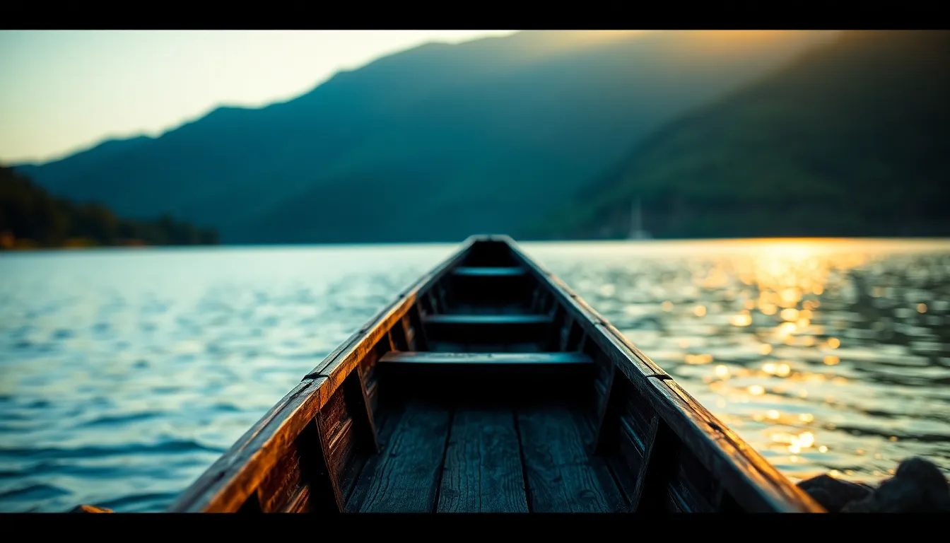 This enchanting image features a solitary boat anchored at the edge of a tranquil lake during the golden hour. The warm backlighting casts a beautiful glow on the aged wooden texture of the boat, contrasting with the vibrant colors of the surrounding lush hills. The shallow depth of field creates a dreamy bokeh effect in the background, while the cinematic grading enhances the overall mood of serenity and peace.