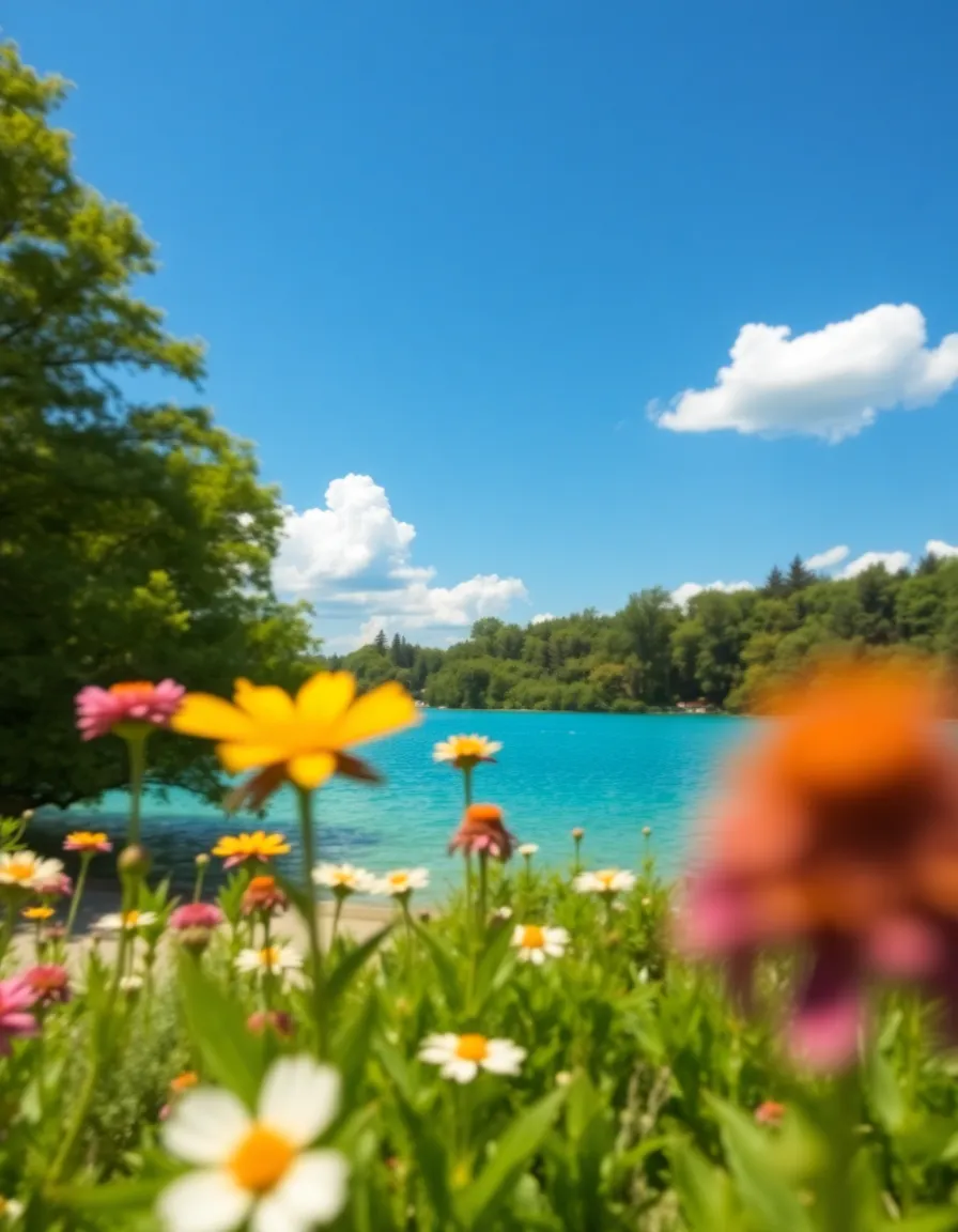 A lively summer lake scene under a bright blue sky adorned with fluffy white clouds. The clear turquoise water glistens in the sunlight, surrounded by vibrant greenery, invoking a sense of joy and adventure. Colorful wildflowers in the foreground add detail and depth, drawing attention to the natural beauty of the landscape. This image captures the essence of summer fun and exploration, making it ideal for a range of outdoor and travel themes.