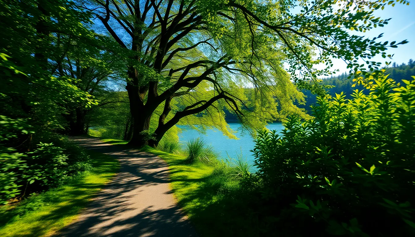 Winding Pathway to Vibrant Lake A picturesque winding pathway leads to a vibrant lake, surrounded by dense greenery. Dappled sunlight breaks through the canopy above, creating a mesmerizing play of light and shadow. The saturation of colors brings life to the tranquil setting, inviting onlookers to explore the beautiful natural surroundings. This composition draws the eye seamlessly toward the serene waters.