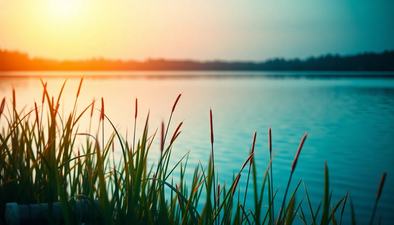 This stunning photograph depicts golden reeds gracefully swaying by the edge of a tranquil lake in the late afternoon light. The warm tungsten glow enhances the natural beauty, while a subtle cinematic teal and orange grading adds depth and richness to the scene. The leading lines created by the reeds draw the viewer's eye toward the peaceful water, inviting a sense of calm and reflection in nature.