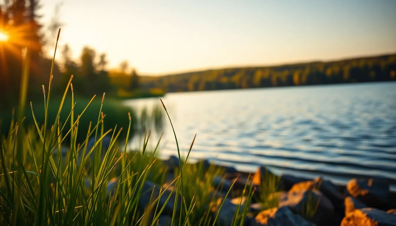 This stunning image captures a tranquil lake during the golden hour, where warm sunlight bathes the landscape in soft hues. The water reflects the vibrant colors of the sky, combined with the rich greens of the surrounding foliage. Foreground grasses create a natural frame, emphasizing the serene atmosphere. The shallow depth of field adds an artistic touch, making this scene perfect for nature enthusiasts and tranquil settings.