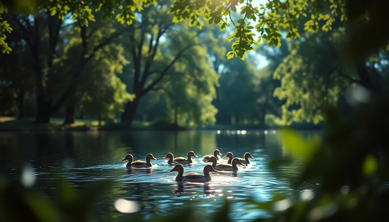This lively image depicts a family of ducks gliding gracefully across a sunlit lake. Dappled sunlight filters through the trees, creating vibrant highlights on the water's surface. The rich, saturated colors of the scene evoke a sense of warmth and vitality, while shallow depth of field beautifully blurs the surrounding foliage, drawing focus to the ducks. The composition cleverly frames them in action amidst the lush greenery.