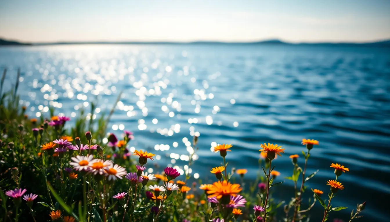A stunning image showcasing the vibrant wildflowers framing the edge of a serene lake. Captured in bright natural light, the dappled sunlight creates eye-catching patterns on the water's surface. The rich saturation of colors emphasizes the beauty of nature, while the composition draws attention to the delicate flowers in the foreground, leading to the expansive lake beyond.