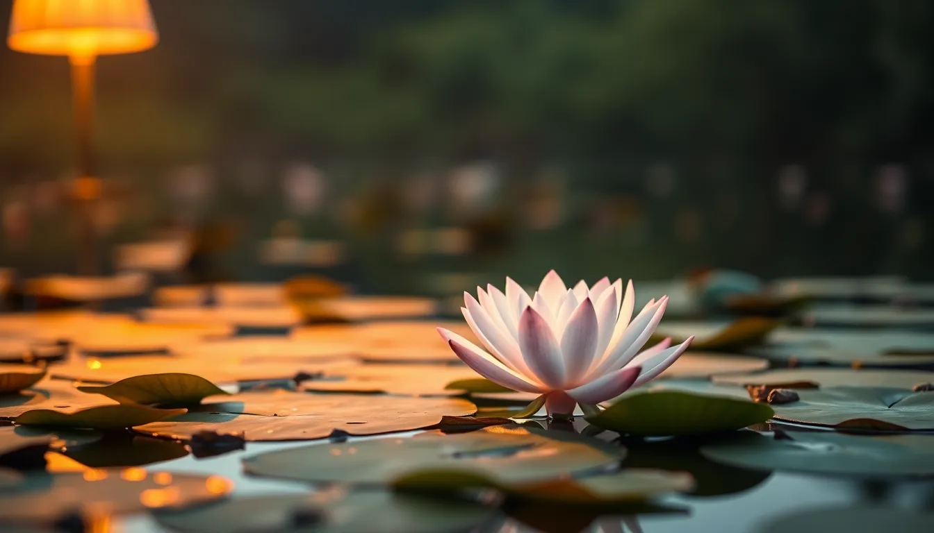 This close-up composition captures a stunning cluster of water lilies gracefully blooming atop a calm lake. The warm tungsten light creates a cozy ambiance while highlighting the delicate petals in soft pink hues. The selective focus draws the viewer's attention to the intricate details of the flowers, while the background softly melts into a painterly bokeh. The natural muted tones enhance the tranquility of this idyllic scene, inviting one to relax and connect with nature.