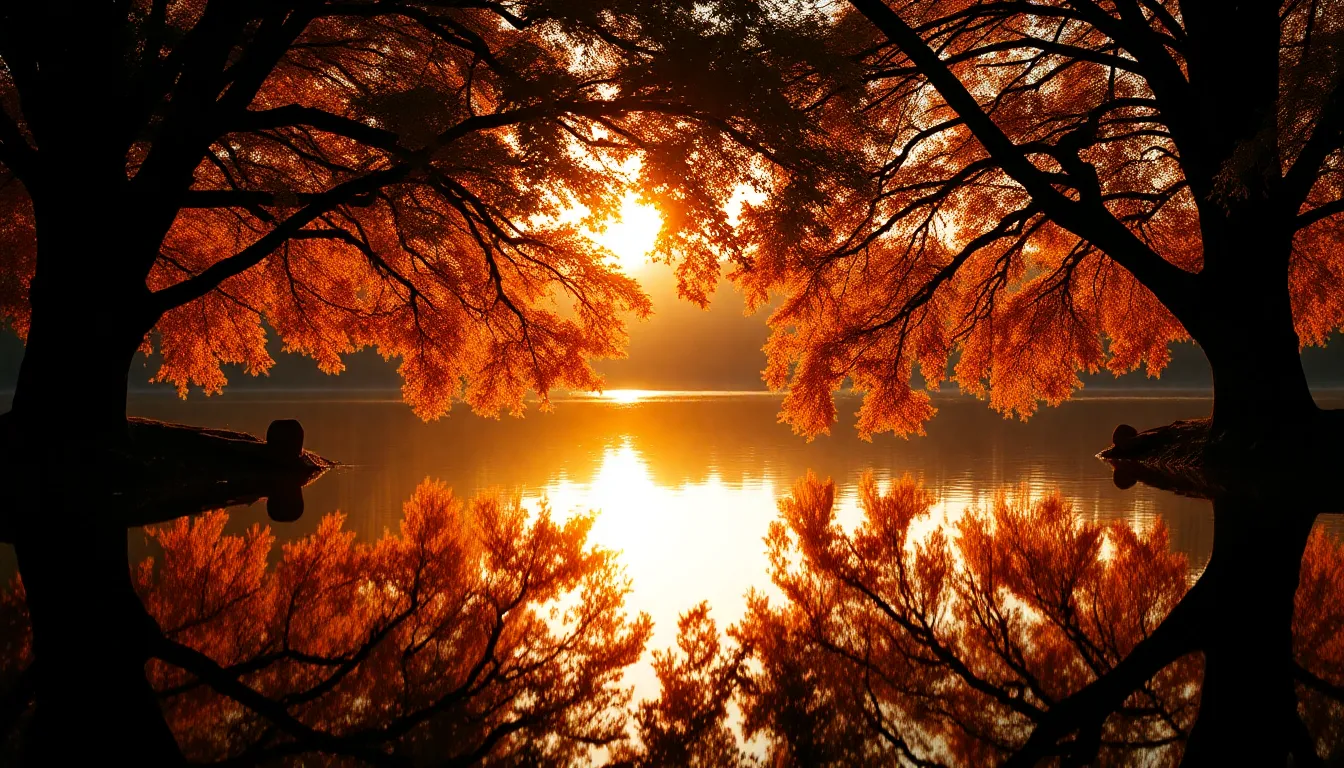 This enchanting image captures the captivating reflection of vibrant autumn foliage on a tranquil lake at sunset. The warm golden light bathes the scene in a soft glow, while the leaves' colors are rendered in stunning saturation. Framing trees on either side draw the viewer's eye towards the peaceful water below. This photograph exudes a sense of calm and beauty, making it ideal for seasonal themes and nature promotion.