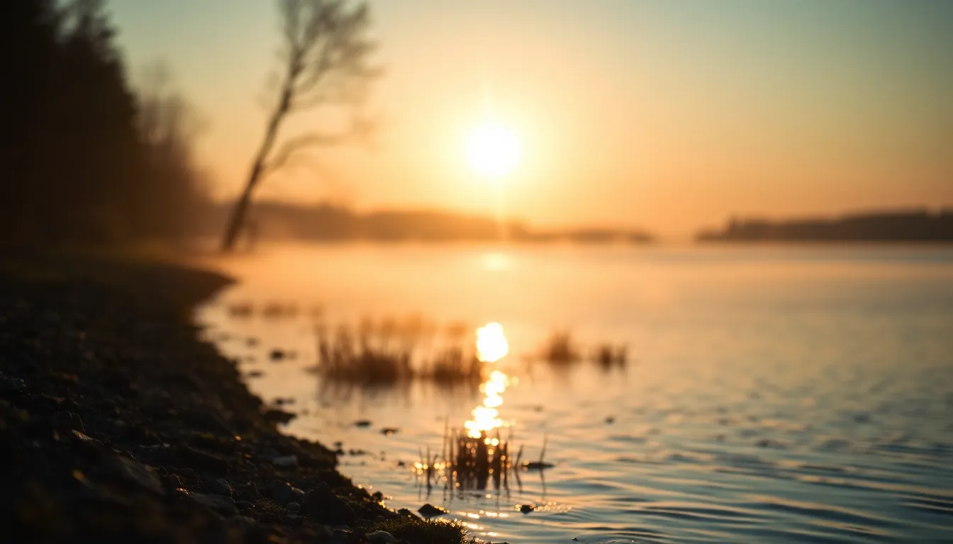 A tranquil lake scene captured during the golden hour, with warm sunlight illuminating the mist rising from the water. The shoreline creates leading lines that draw the eye to the calm, reflective surface adorned with ripples. The soft bokeh of the background enhances the peaceful atmosphere, while the cinematic teal and orange tones add a touch of drama to the serene setting.