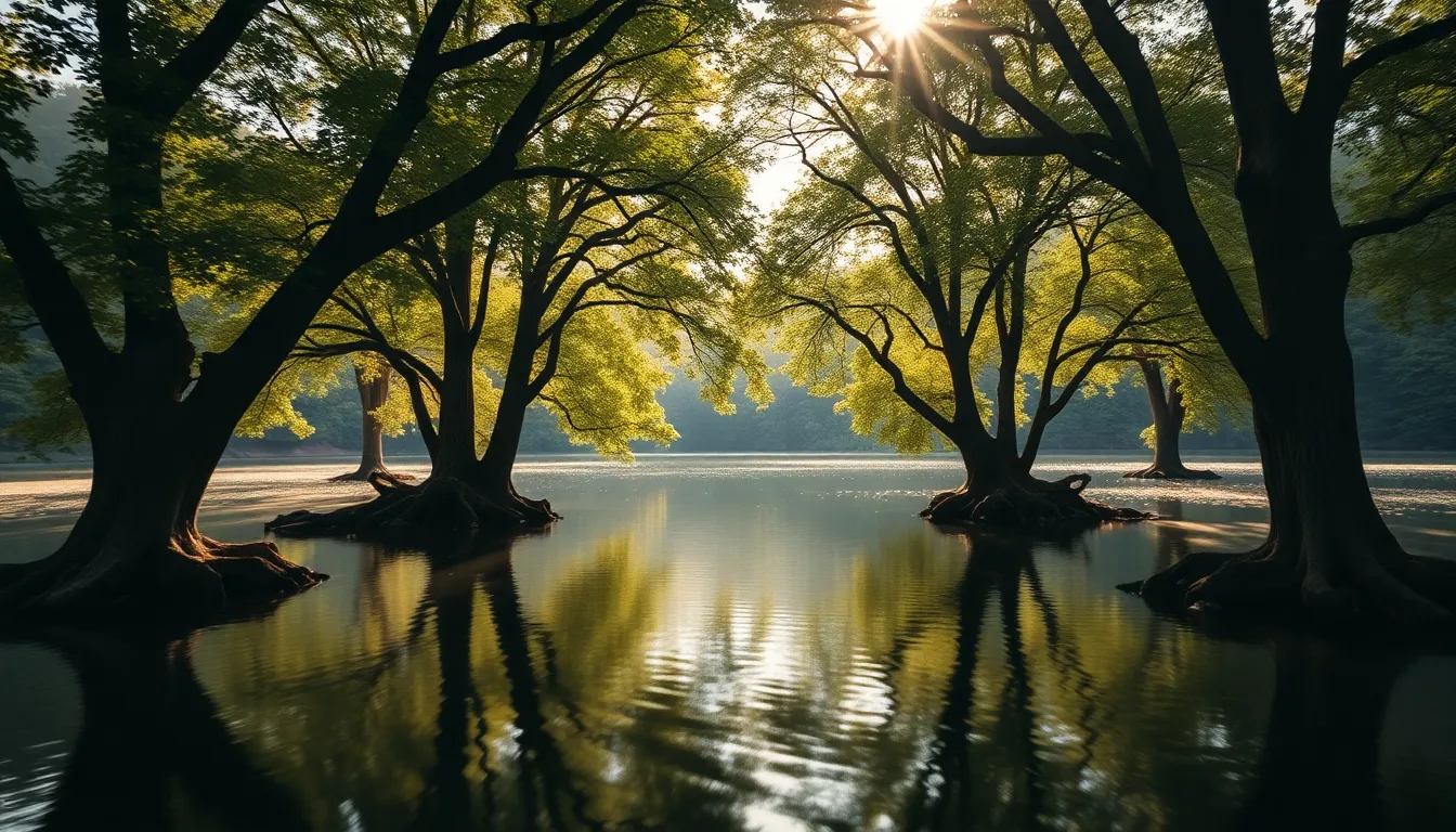 This photorealistic image showcases a tranquil lake surrounded by a dense forest. Dappled sunlight filters through the leaves, creating a dynamic interplay of light and shadow. The warm, muted colors capture the essence of nature in its purest form. The selective focus highlights the water’s intricate reflections, while gentle waves add texture to the serene landscape.
