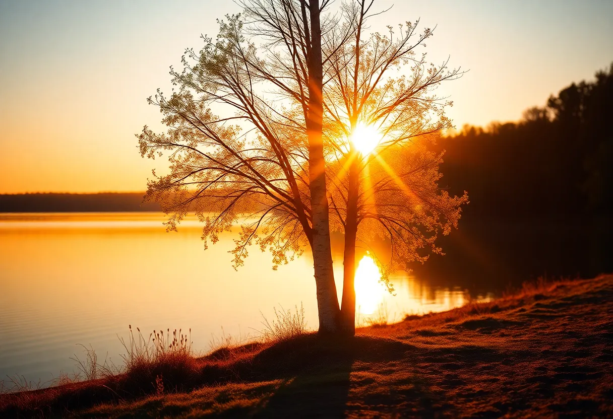 This captivating image showcases a solitary birch tree at sunset, beautifully illuminated by golden hour backlighting. The warm light creates a stunning reflection in the still waters of the lake, enhancing the tranquil atmosphere. The shallow depth of field blurs the background, drawing attention to the delicate details of the tree's bark and the shimmering water. Perfect for nature enthusiasts, this photograph captures the enchanting beauty of lakes during dusk.
