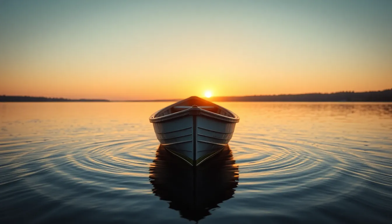 Golden Hour Reflections on a Tranquil Lake During golden hour, a small boat is anchored peacefully on a tranquil lake, illuminated by warm backlighting. The soft ripples create reflections that enhance the serene ambiance. This image highlights the rustic texture of the boat while the golden light adds warmth to the overall scene, inviting viewers to experience the quietude of nature.