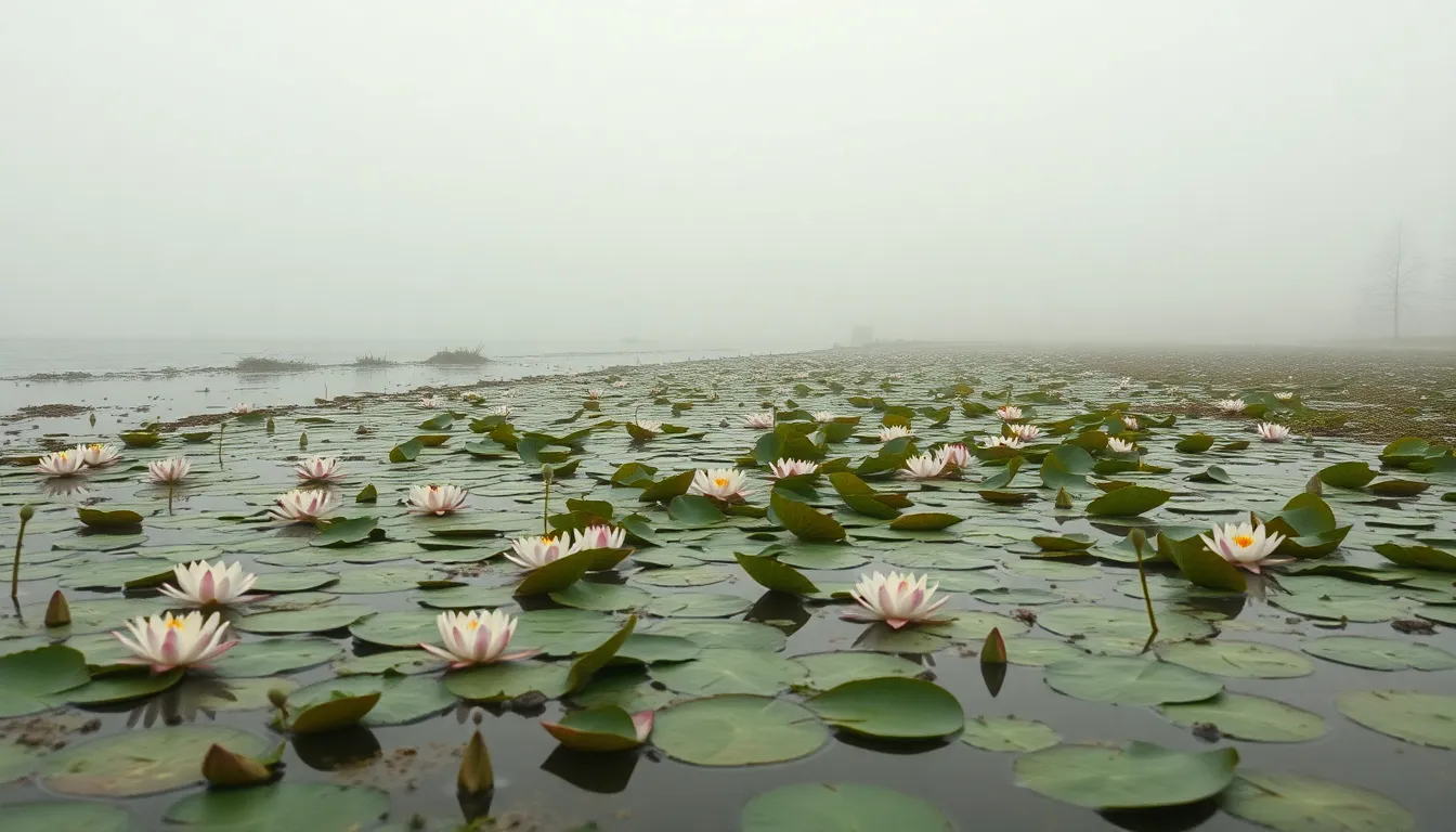 This enchanting image showcases a misty morning at a lily pond, enveloped in soft, diffused daylight. Delicate water lilies float serenely on the surface, with the surrounding foliage softened by morning fog. The muted, earthy color palette adds to the tranquil ambiance, while the composition’s leading lines guide the viewer’s gaze toward the horizon. The sharp focus across the scene enhances the captivating details.