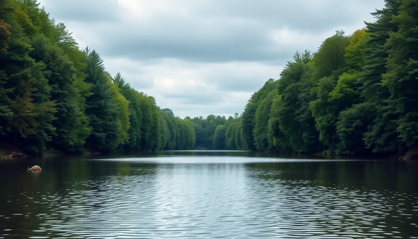 This image captures a tranquil lake enveloped by vibrant greenery under an overcast sky. The calm water reflects the lush trees, creating a peaceful and harmonious scene. Natural muted tones of earthy greens and browns evoke feelings of serenity and connection with nature. The symmetrical composition emphasizes the lake's stillness, inviting viewers to immerse themselves in this idyllic landscape.