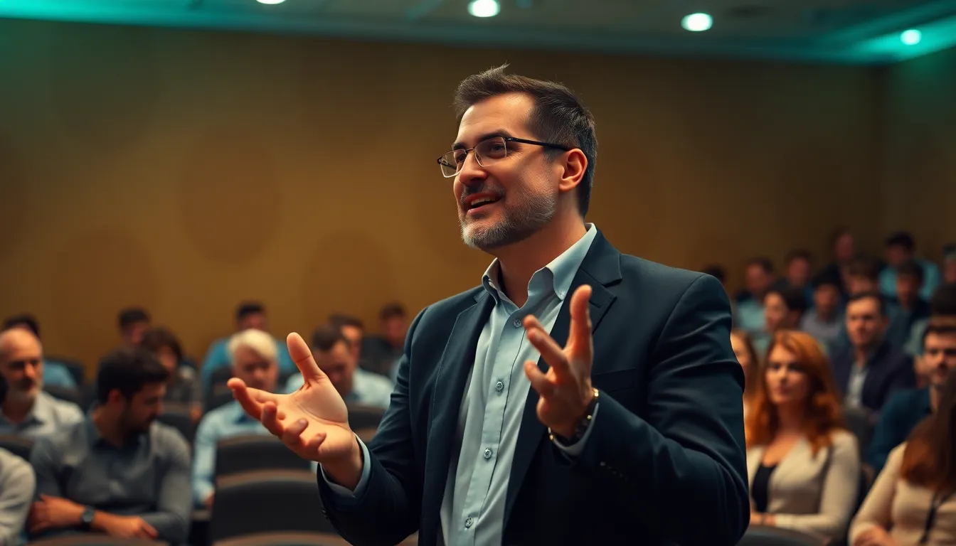 This dynamic image showcases a charismatic male business leader delivering a captivating presentation in a large auditorium. His confident gestures and engaging expression are illuminated by dramatic studio lighting, creating an inspiring mood. The shallow depth of field focuses on him while the captivated audience appears softened in the background, enhancing the connection with the viewer. The vibrant teal and orange color tones bring energy to the scene, making it memorable and impactful.