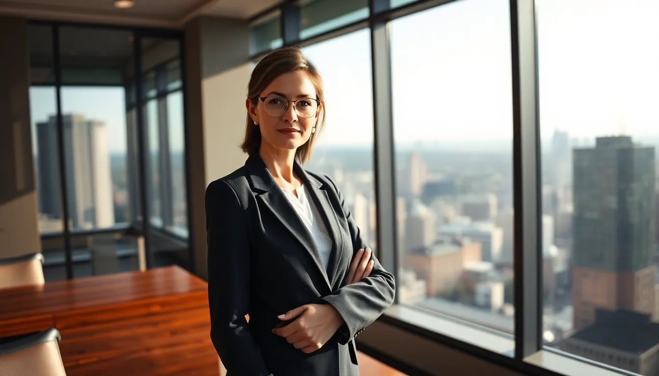 This image captures a confident female business leader standing in her modern office, with a stunning city view behind her. The warm, natural light creates an inspiring atmosphere that underscores her authority. With a sharp focus on her determined expression, the blurred cityscape enhances the sense of ambition and professionalism. The rich textures of the polished wooden desk add depth and warmth to the scene.
