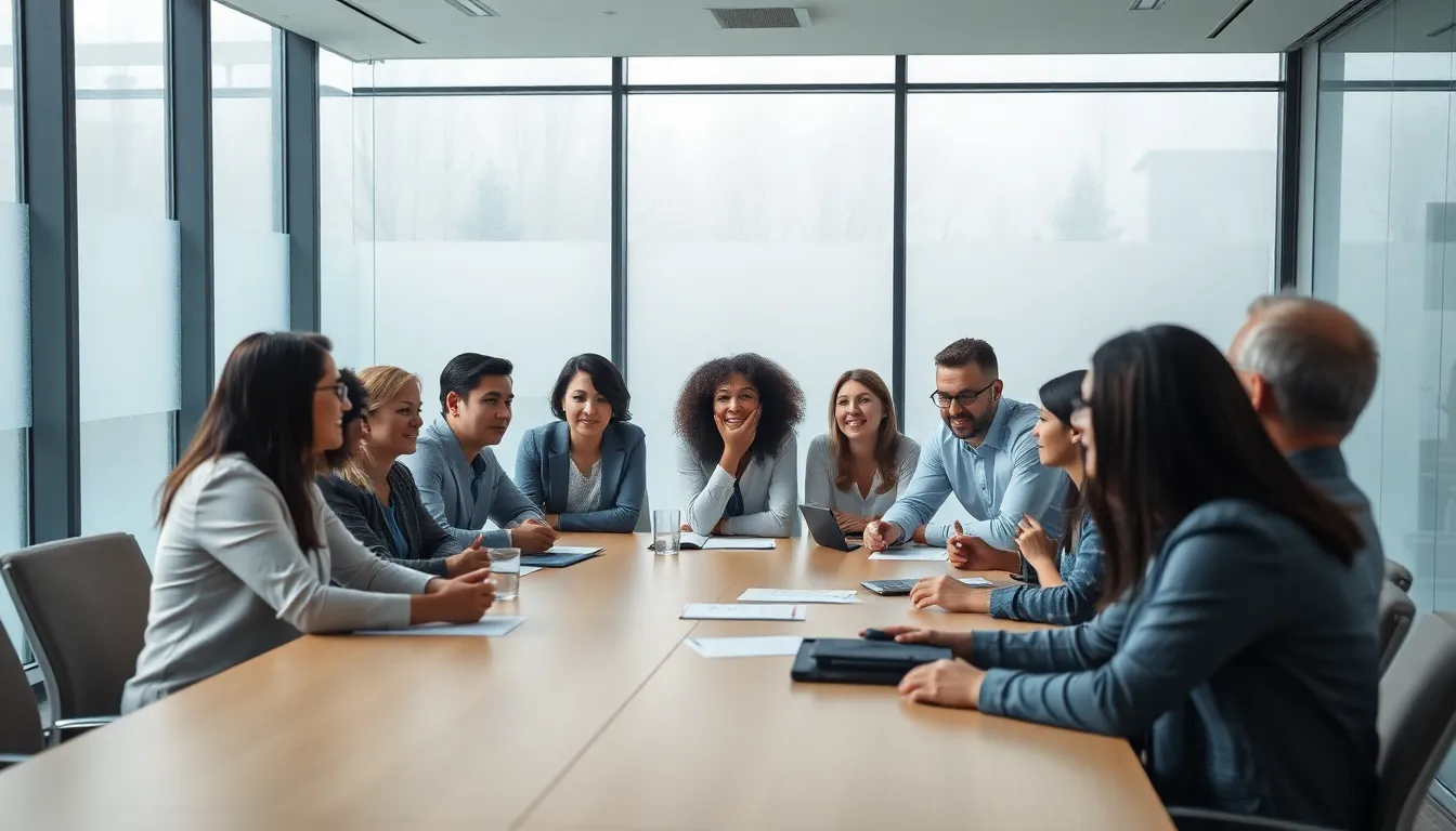This vibrant image depicts a diverse group of business professionals engaged in a lively brainstorming session. The soft, diffused daylight enhances the atmosphere of collaboration, showcasing the team’s focus and creativity as they exchange ideas. Their expressions of concentration and enthusiasm are evident, emphasizing the power of teamwork. The natural muted tones and leading lines of the conference table guide the viewer into the scene, making it feel dynamic and engaging.