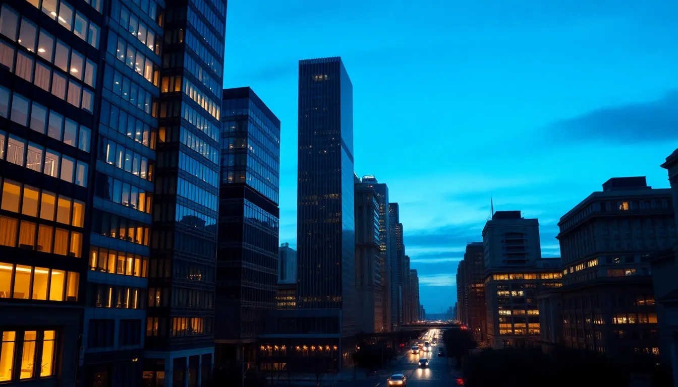 This captivating image captures a serene cityscape at dusk, showcasing a thriving business district with towering skyscrapers. The warm glow from office windows shines against the deep blue twilight sky, evoking a sense of success and tranquility. The leading lines of streets and buildings guide the viewer's gaze through this inspiring environment. With everything in focus, the natural muted tones reflect the professionalism and vibrancy of urban life, making it an ideal representation of the modern business world.
