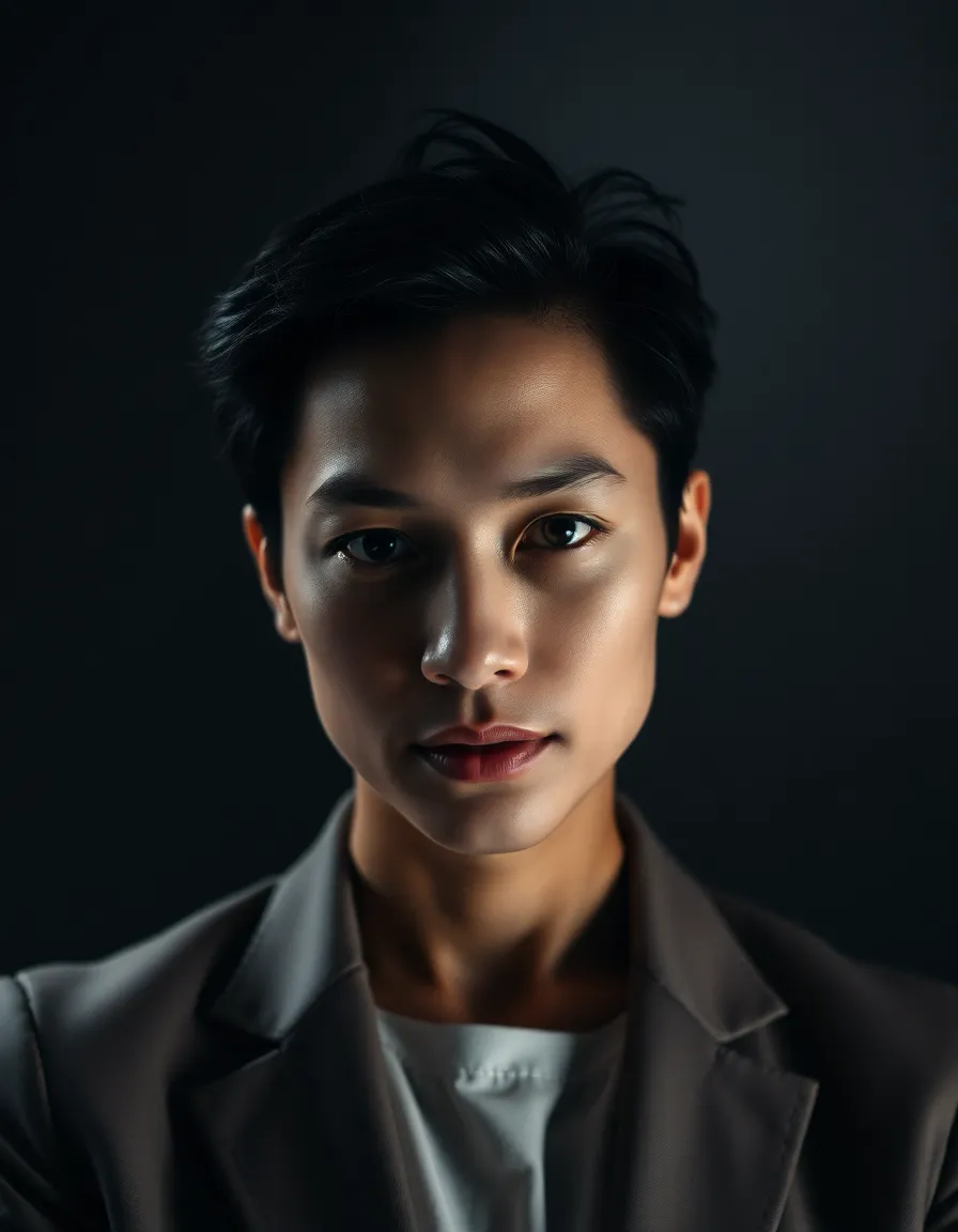 A dynamic business leader's portrait captures their confident expression and intense gaze, set against a dark studio backdrop. The dramatic lighting enhances the model's features, creating an aura of authority. This professional portrait showcases leadership in a contemporary corporate setting, emphasizing both strength and approachability.