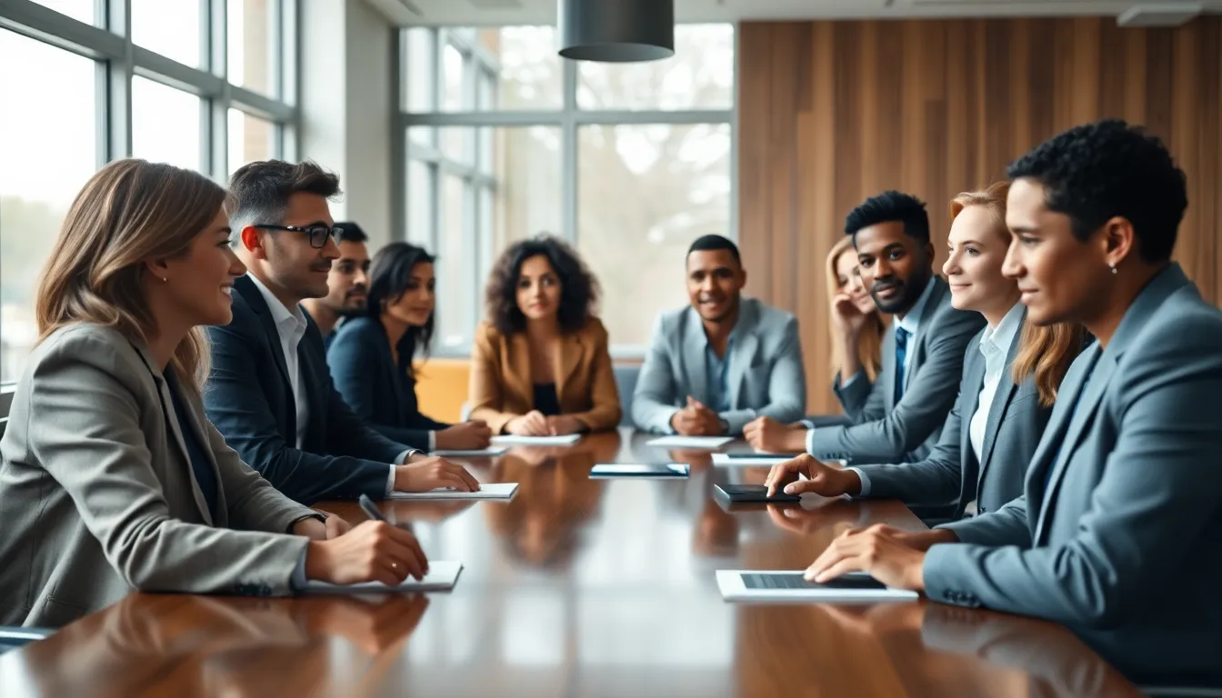 A diverse group of business professionals engages in a strategic meeting, seated around a polished wooden conference table. Natural light from floor-to-ceiling windows bathes the room in a soft glow, enhancing the warm wood tones and crisp colors of their attire. Expressions of concentration showcase their collaborative spirit. The composition emphasizes focus and connection, with a shallow depth of field creating a soft backdrop for this vibrant interaction.