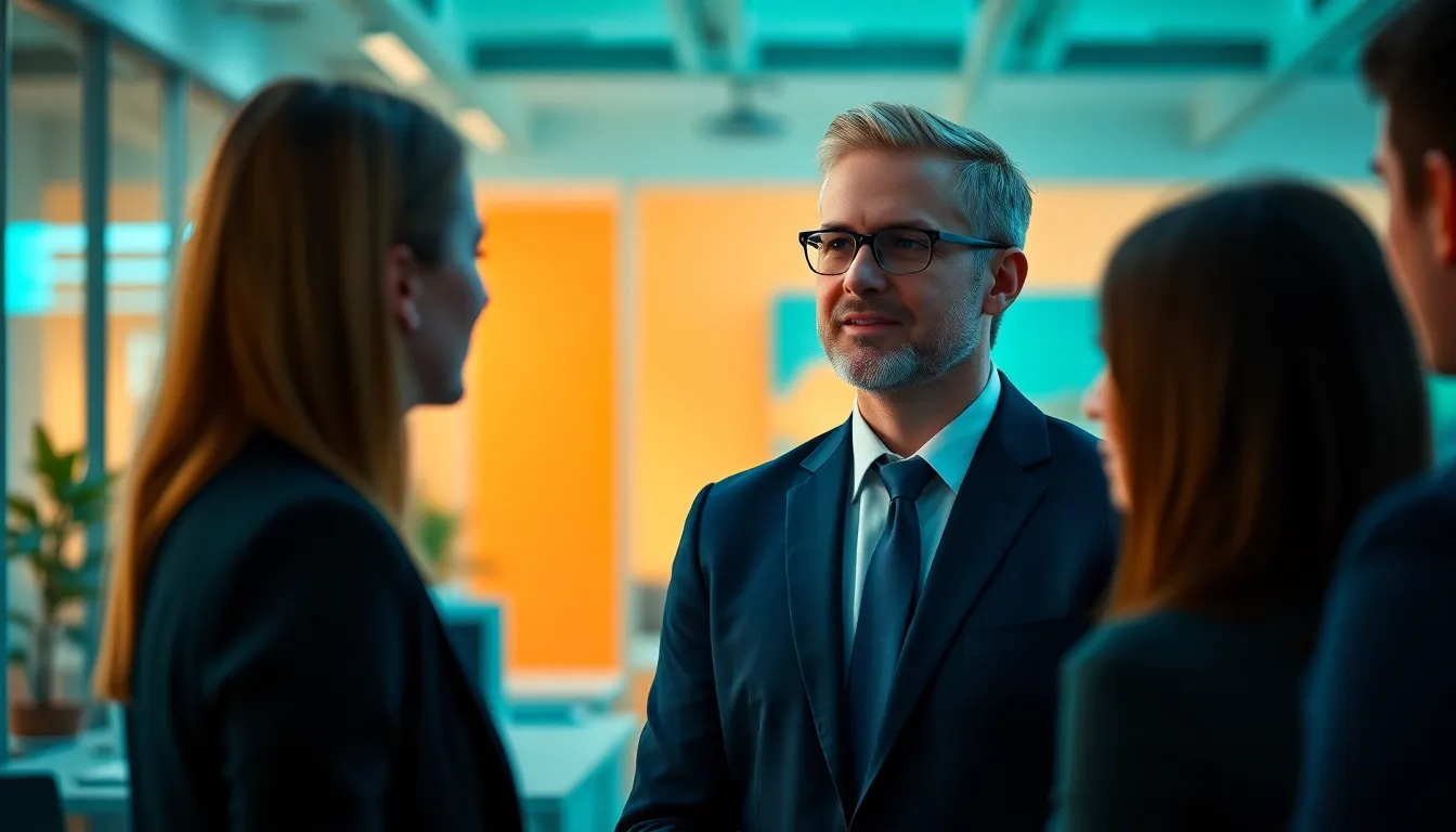 This image captures a confident business leader in a modern office setting, engaged with their team. The subject, dressed in a tailored navy suit, has a focused expression that conveys leadership and approachability. The warm, inviting light creates dynamic shadows, while the blurred background emphasizes the interaction. The cinematic teal and orange color grading adds to the professional atmosphere, making it ideal for business-related themes.