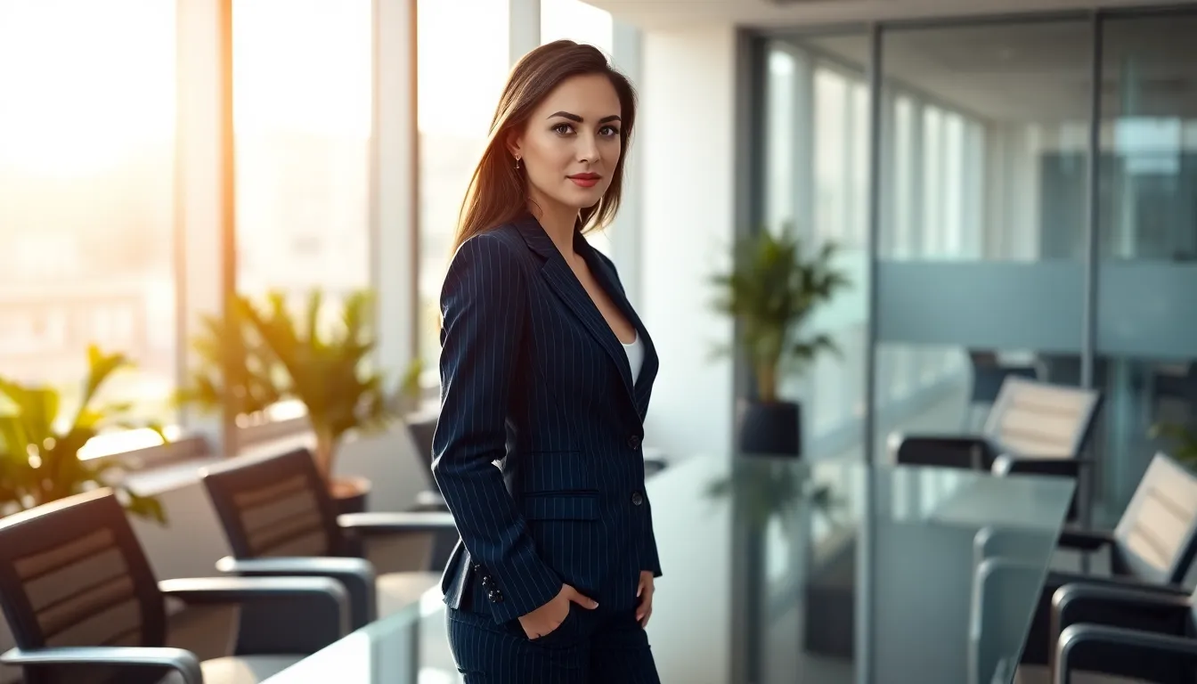 Confident Female Executive in Modern Office This photorealistic image showcases a confident female executive in a modern office setting. Bathed in soft diffused daylight, her tailored navy suit contrasts beautifully with the warm wood and glass of the environment. The composition captures a sense of leadership and professionalism as she stands confidently at a sleek table, her expression focused and determined. The gentle blur of the office surroundings draws attention to her, evoking an atmosphere of ambition and success.