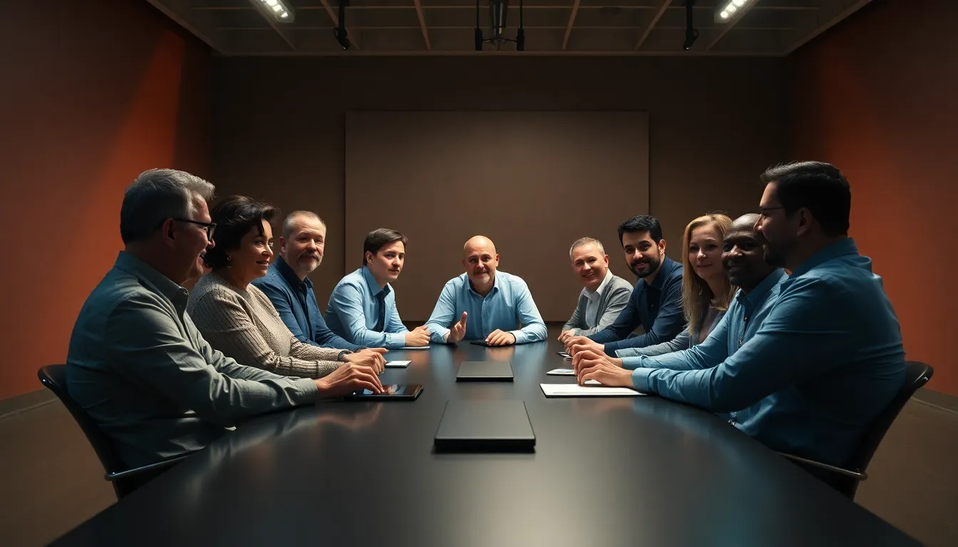 A diverse group of leaders engages in a lively discussion around a sleek conference table. The controlled studio lighting highlights their expressions, capturing the intensity and collaboration in the room. The cinematic color grading enhances the visual appeal, making the scene feel dynamic and inviting. This image epitomizes teamwork and strategic planning in a corporate setting.