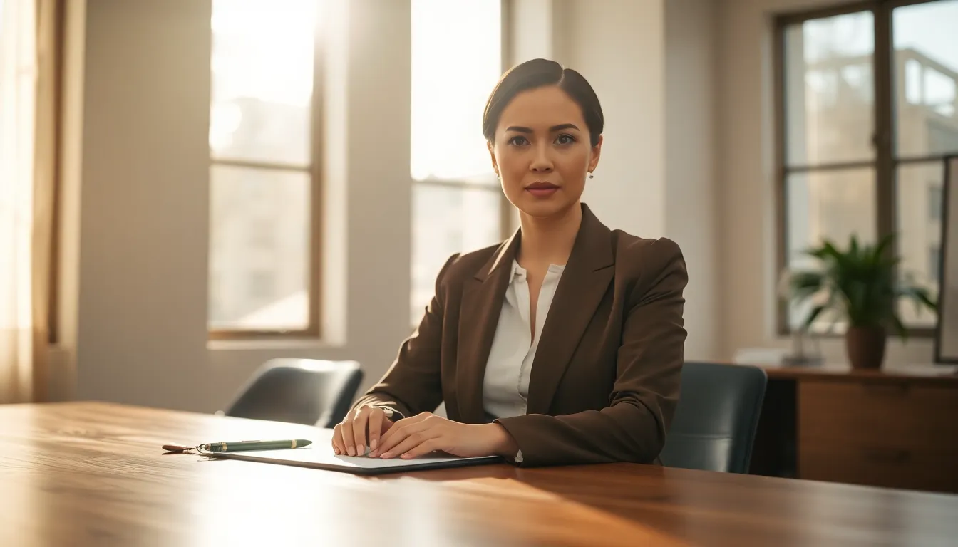 This image portrays a confident businesswoman sitting at a desk in a well-lit office. Natural light streams through large windows, casting a warm glow that enhances the inviting atmosphere. The soft focus on her face accentuates her expression of determination. The use of muted tones complements the elegant walnut desk, creating a professional yet approachable setting.