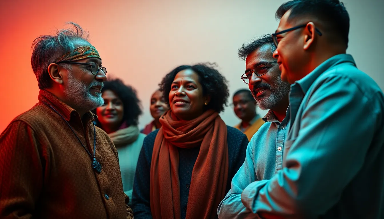 In this engaging image, a diverse group of business leaders discusses ideas in a modern office setting. The dynamic teal and orange color grading brings a contemporary vibe to the scene, emphasizing their collaborative spirit. The studio lighting enhances their features, providing clarity and focus. Each leader's unique style and cultural background are reflected in their attire, making this image a powerful representation of inclusive leadership.