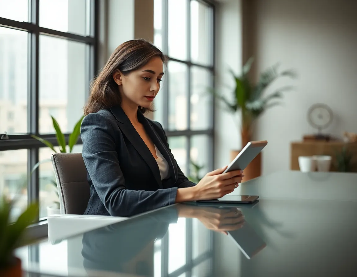 An elegant businesswoman is captured in a serene moment at her modern desk, absorbed in her work on a tablet. Soft natural light fills the space, highlighting her thoughtful expression and stylish attire. Rich earth tones and greenery create an inviting atmosphere. This image conveys the essence of leadership with a focus on personal reflection and decision-making, making it perfect for showcasing modern business environments.