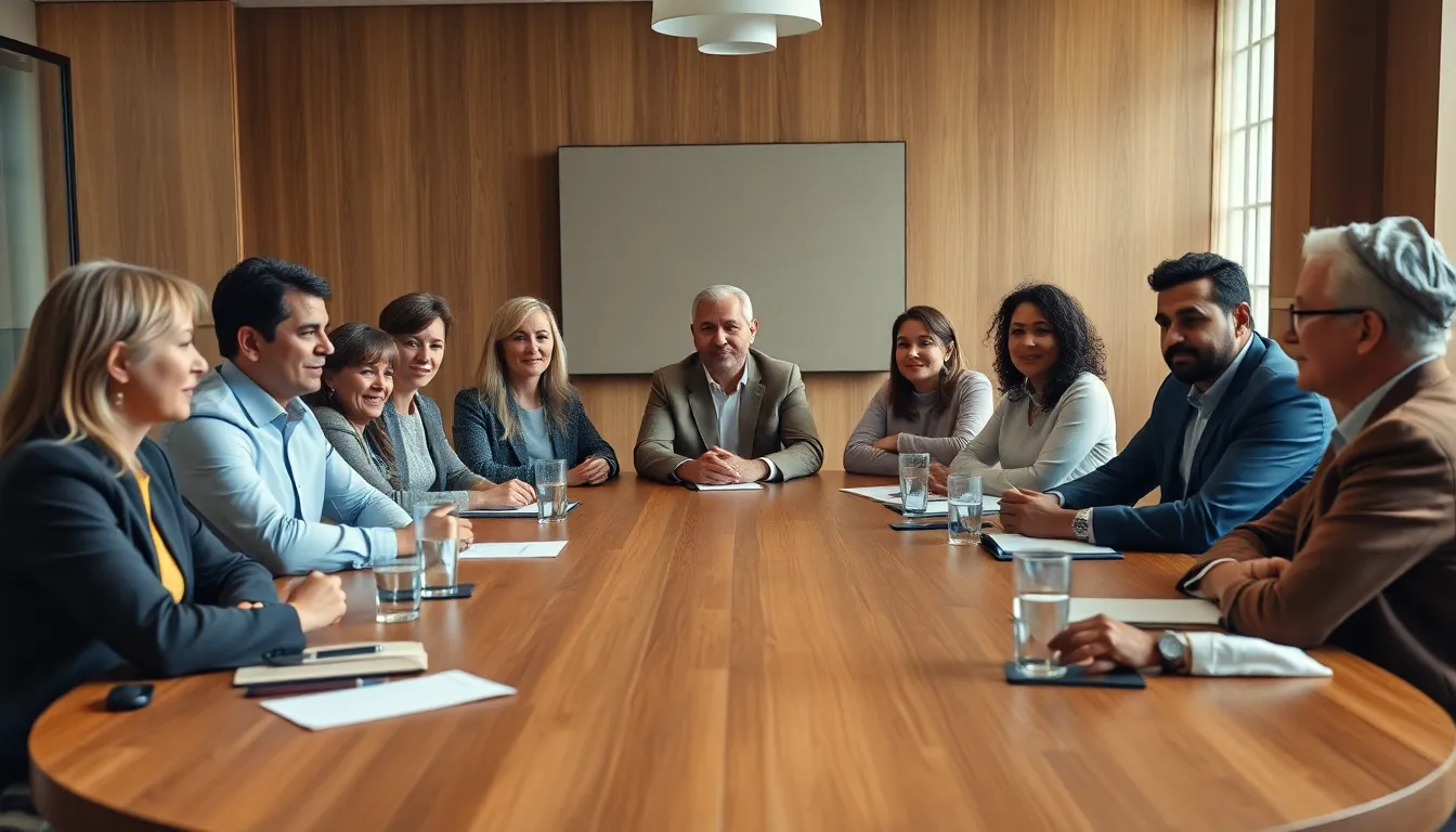 A group of diverse leaders engaged in a round table discussion in a modern boardroom, captured with a warm and inviting ambiance. The image showcases their thoughtful expressions and active participation, indicating collaboration and innovation. Natural muted tones and carefully crafted lighting evoke a sense of professionalism and approachability. This image embodies contemporary leadership dynamics and the importance of inclusivity in decision-making processes.