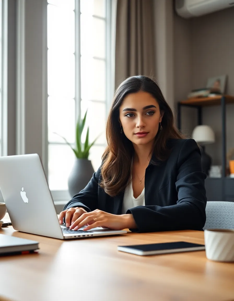This image captures a young female entrepreneur immersed in her work at a chic minimalistic office. The soft daylight streaming in creates a calm atmosphere, enhancing her focused expression as she types on her laptop. The muted color palette and modern textures reflect a contemporary workspace, making this an inspiring representation of leadership in the entrepreneurial world.