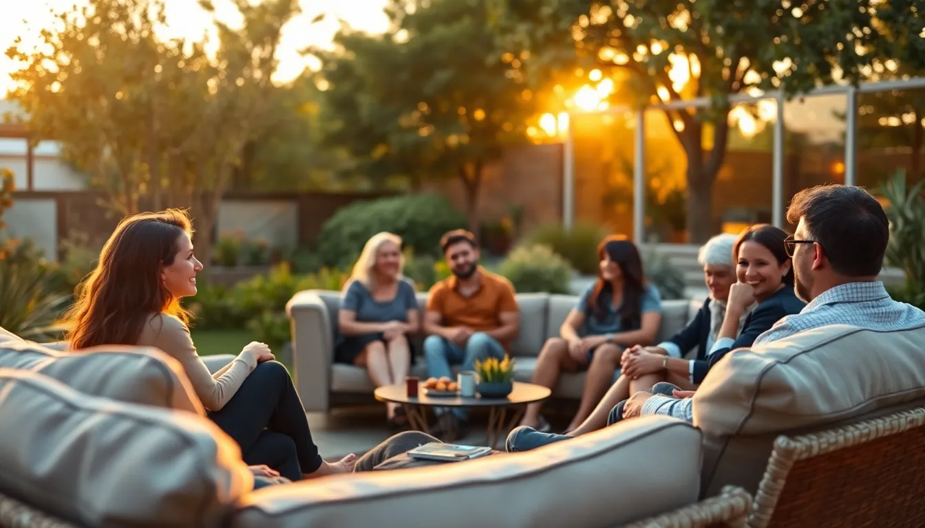 Diverse Leaders Brainstorming Outdoors This uplifting image captures a diverse group of leaders brainstorming outdoors during golden hour. Surrounded by nature and warm sunlight, they engage in creative discussions, embodying collaboration and innovation. The lush greens and golden hues paint a vibrant scene that inspires connection and growth. The soft bokeh highlights their animated expressions, inviting viewers to join this dynamic exchange of ideas, while the composition frames the moment beautifully within the natural setting.