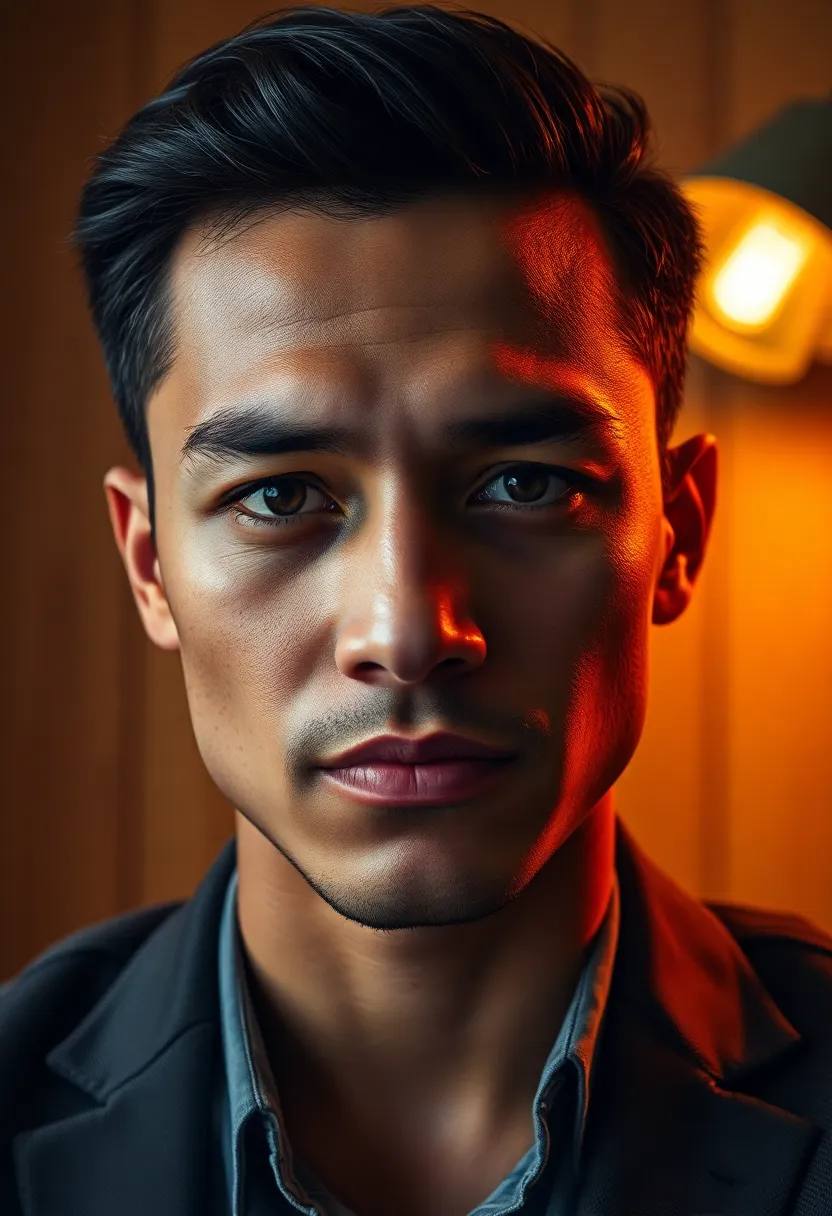 This intimate close-up portrait features a determined young male leader, revealing his natural skin texture and earnest expression. Illuminated by warm tungsten light, the image emphasizes the deep browns and earthy tones of his complexion, evoking a sense of sincerity and commitment. The centered composition ensures complete focus on his face, while textures from his blazer and the wooden background add depth to this powerful representation of modern leadership.