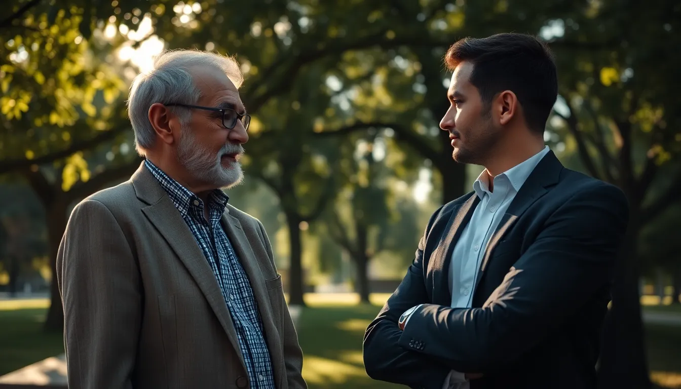In a tranquil park bathed in dappled sunlight, a senior leader mentors a young professional, creating a heartwarming scene of growth and connection. The soft, dreamy bokeh and muted earth tones enhance the peaceful ambiance, allowing the focus to remain on the interaction between the two figures. This image beautifully captures the essence of mentorship in nature.