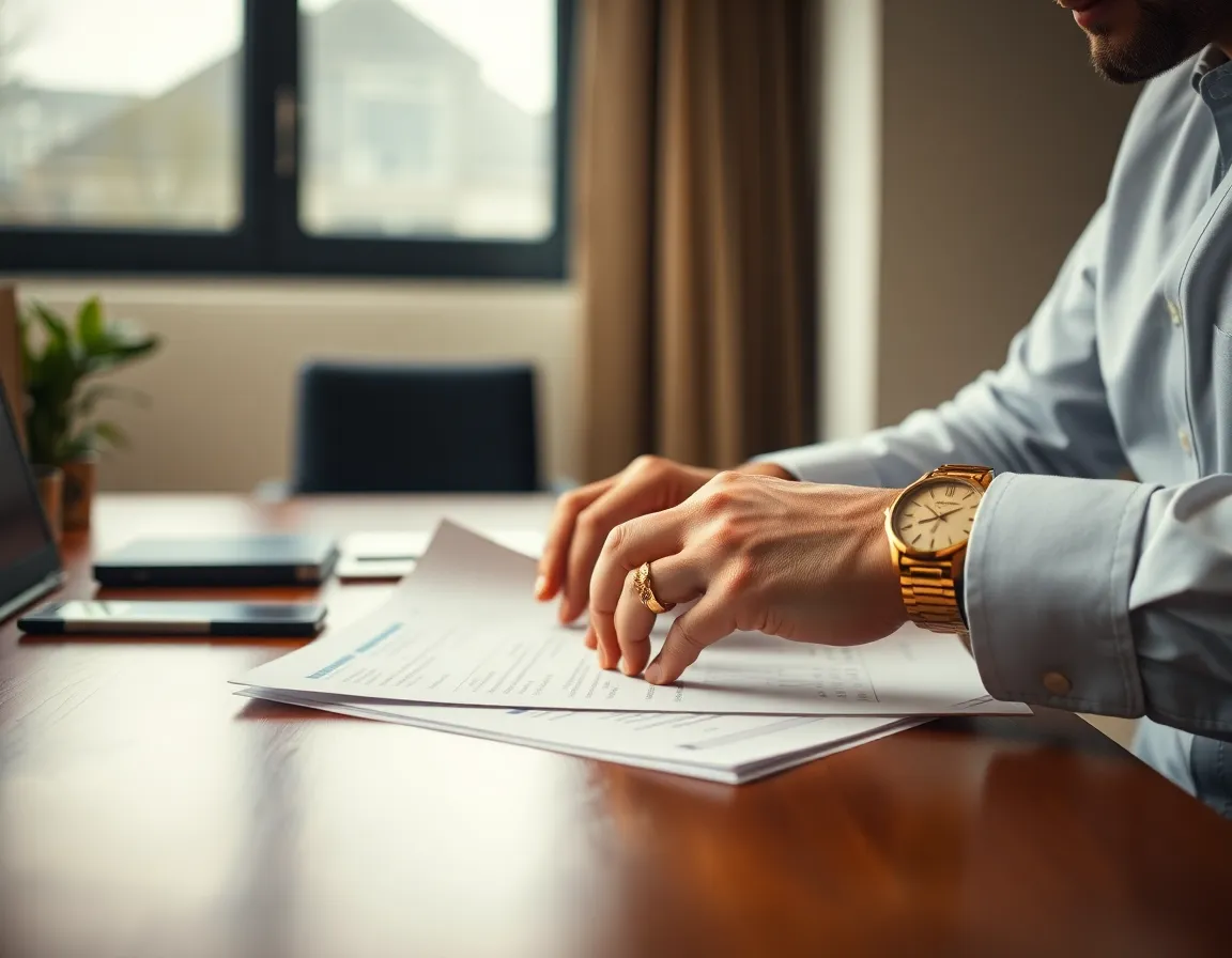 This image features a detail-oriented business leader intently analyzing reports in a softly lit office. The overcast daylight creates an even illumination, while the shallow depth of field draws attention to the leader's hands adorned with an elegant watch. The composition utilizes leading lines to guide the eye towards the documents, presented in natural muted tones that enhance the calm professional atmosphere. This image conveys a sense of focus and meticulousness in the world of business.