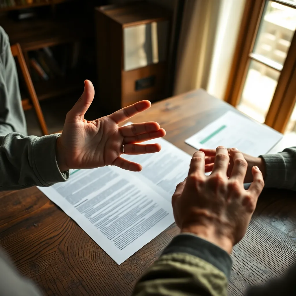 This close-up photograph illustrates the dynamic gestures of a leader deep in discussion. Captured with a macro lens, the focus on their hands emphasizes the passion and energy accompanying their thoughts. The warm natural light creates depth, showcasing the rich textures of the wooden table and the paper documents. This image effectively conveys the essence of active leadership and collaboration, making it ideal for articles focusing on communication and teamwork.