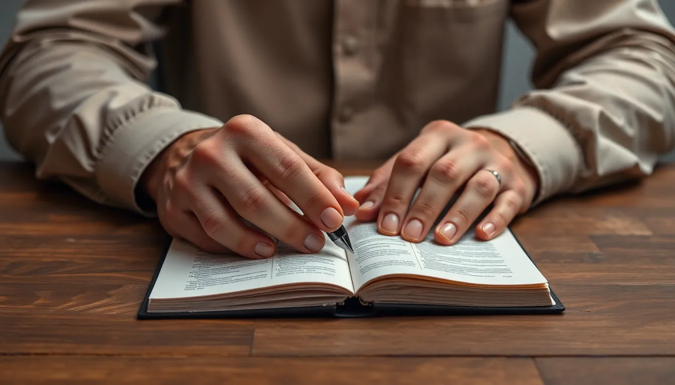 This intimate close-up captures a leader's hands gently resting on an open notebook, symbolizing the thoughtful planning and strategy involved in leadership. The studio's soft three-point lighting beautifully highlights the textured paper and fine pen details, creating a calm yet purposeful mood. The natural muted tones enhance the focus on the subject's actions, emphasizing the importance of preparation.